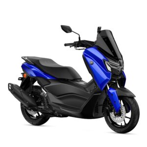 Yamaha 2026 NMAX 125A sleek blue and black scooter with modern design elements, featuring a large front windshield, a comfortable seat, and sturdy wheels.