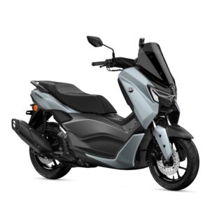 Yamaha 2026 NMAX 125 Tech MAX A sleek, modern scooter with a predominantly silver body, accented by black components and a streamlined design, positioned at an angle to showcase its features.