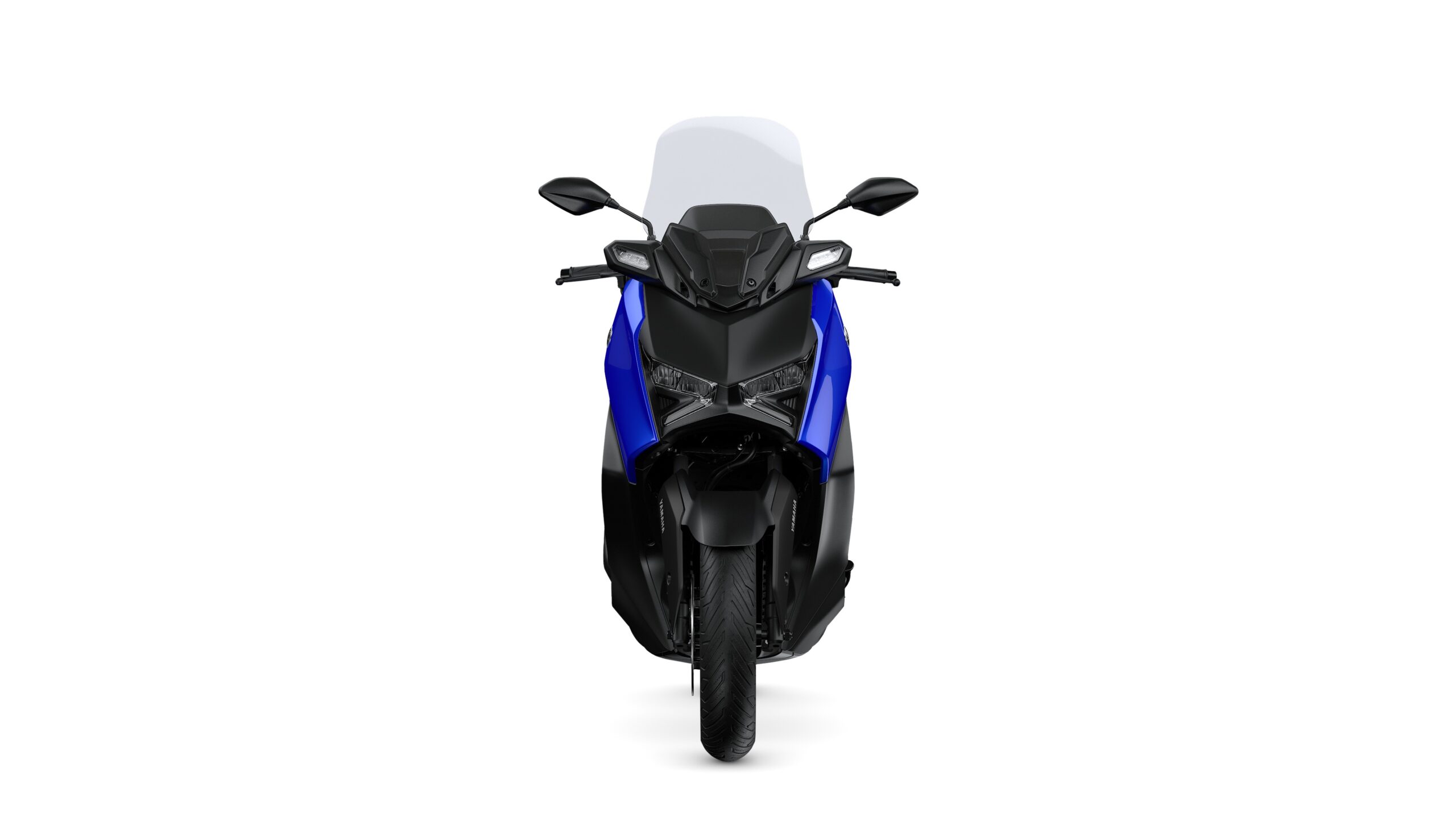 Yamaha 2026 XMAX 125 Icon Blue Front Front view of a blue and black scooter, showcasing its sporty design, headlights, and windscreen against a white background.