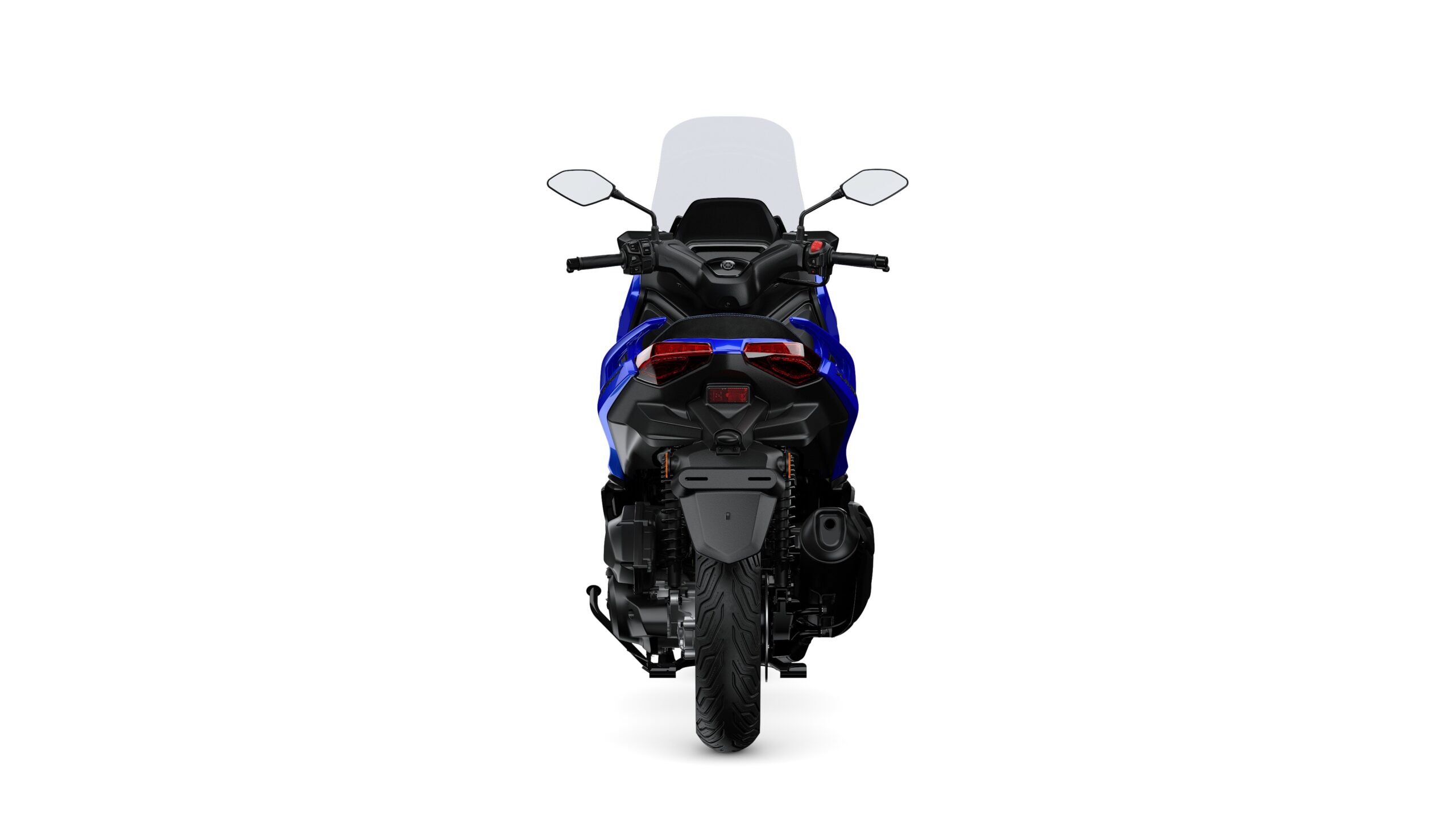 Yamaha 2026 XMAX 125 Icon Blue Rear A blue motorcycle viewed from the rear, showcasing its tail lights, exhaust, and rear tire against a white background.