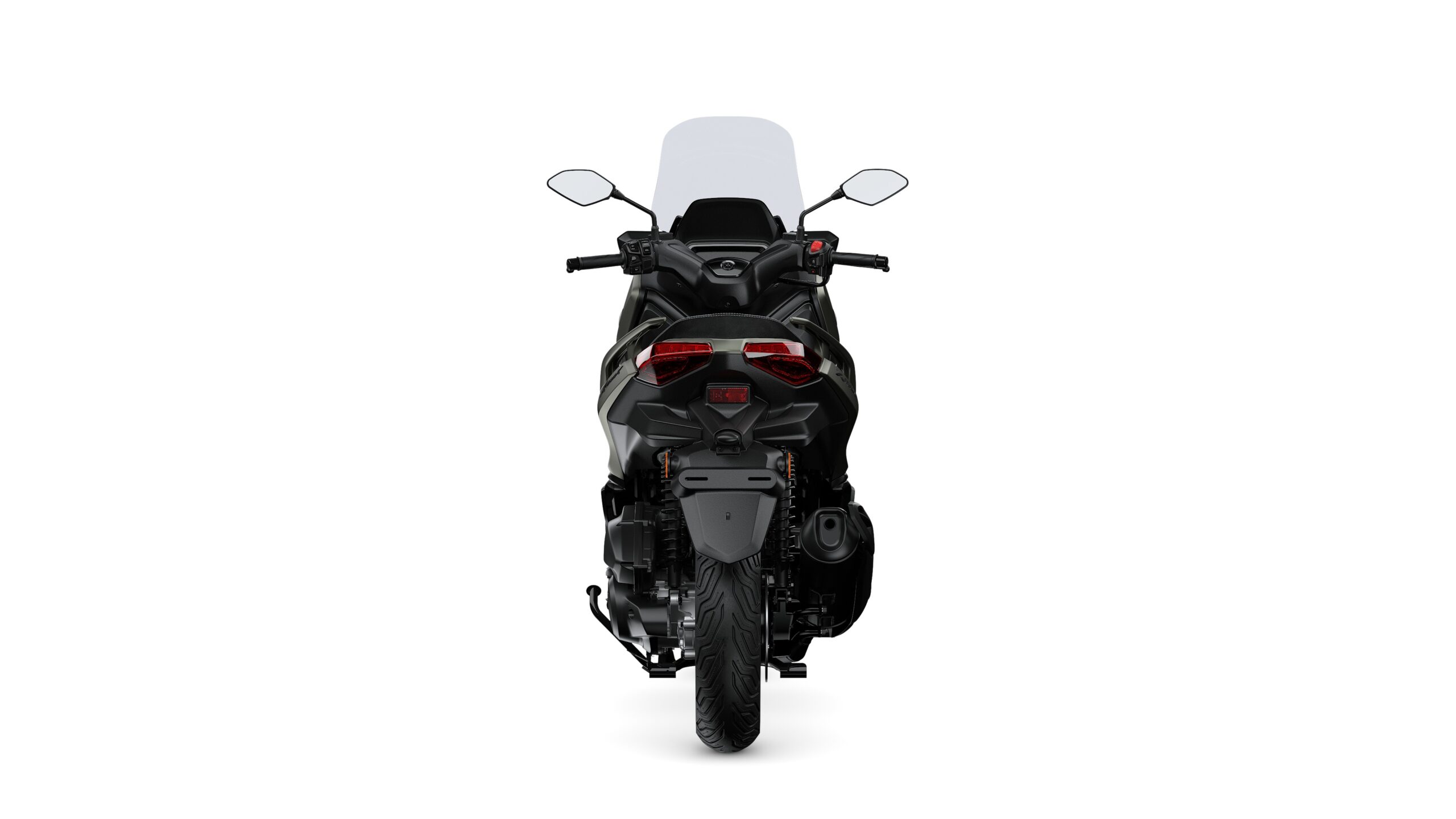 Yamaha 2026 XMAX 125 Tech Kamo Rear A black motorcycle viewed from the rear, featuring a tall windshield, side mirrors, and distinctive taillights. The rear tire and exhaust are also visible against a white background.
