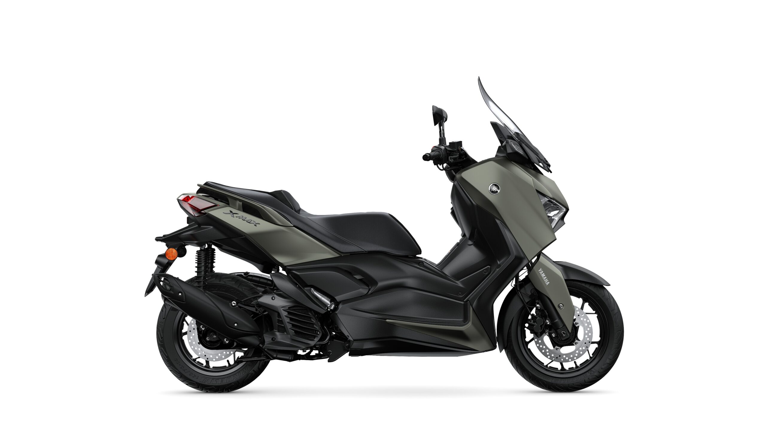 Yamaha 2026 XMAX 125 Tech Kamo Right Side view of a black and olive green scooter with a modern design, featuring a sleek body, large windshield, and sporty wheels.