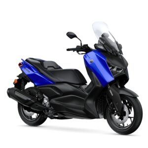 Yamaha 2026 XMAX 300 A blue and black Yamaha XMAX scooter positioned at an angle, showcasing its sleek design, front windshield, and modern features against a white background.