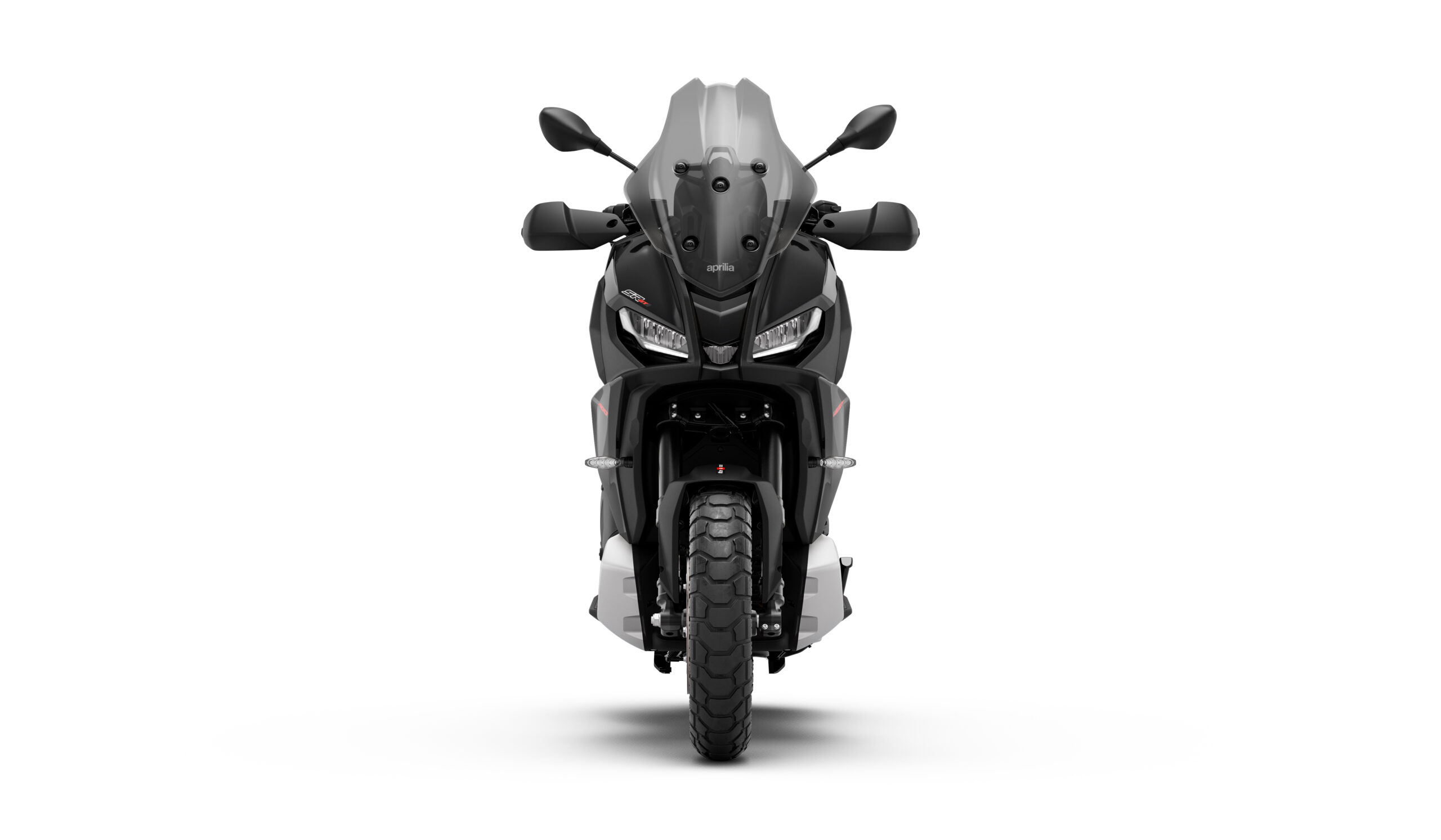 Aprilia_SR-GT-400_Rugged-Black_Frontale Front view of a sleek black motorcycle with a prominent windshield, headlights, and textured tires on a white background.