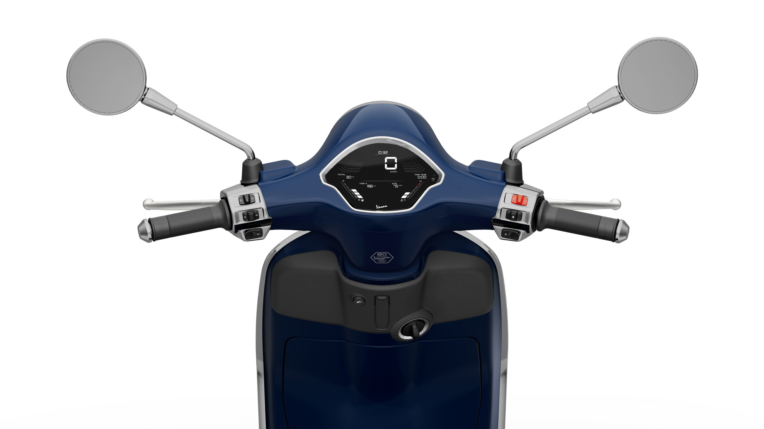 Primavera 125 2026 Blu Energico Dash Close-up view of a scooter's handlebar with a dark blue finish, featuring mirrors, grips, and a central dashboard displaying a digital speedometer.
