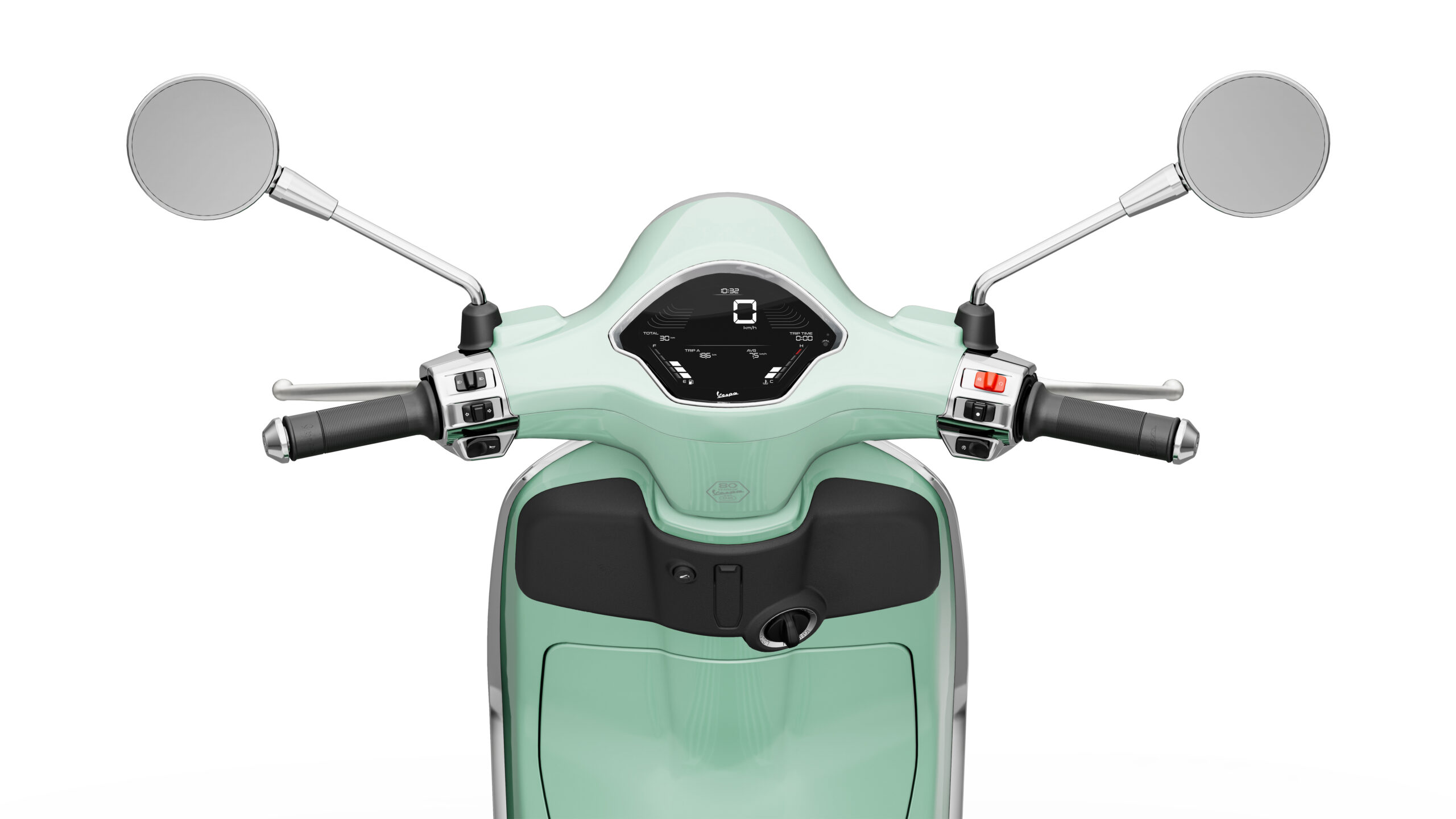 Primavera 125 2026 Verde Amabile Dash A close-up view of the handlebars of a mint green scooter, featuring mirrors, a digital display, and control buttons on either side.