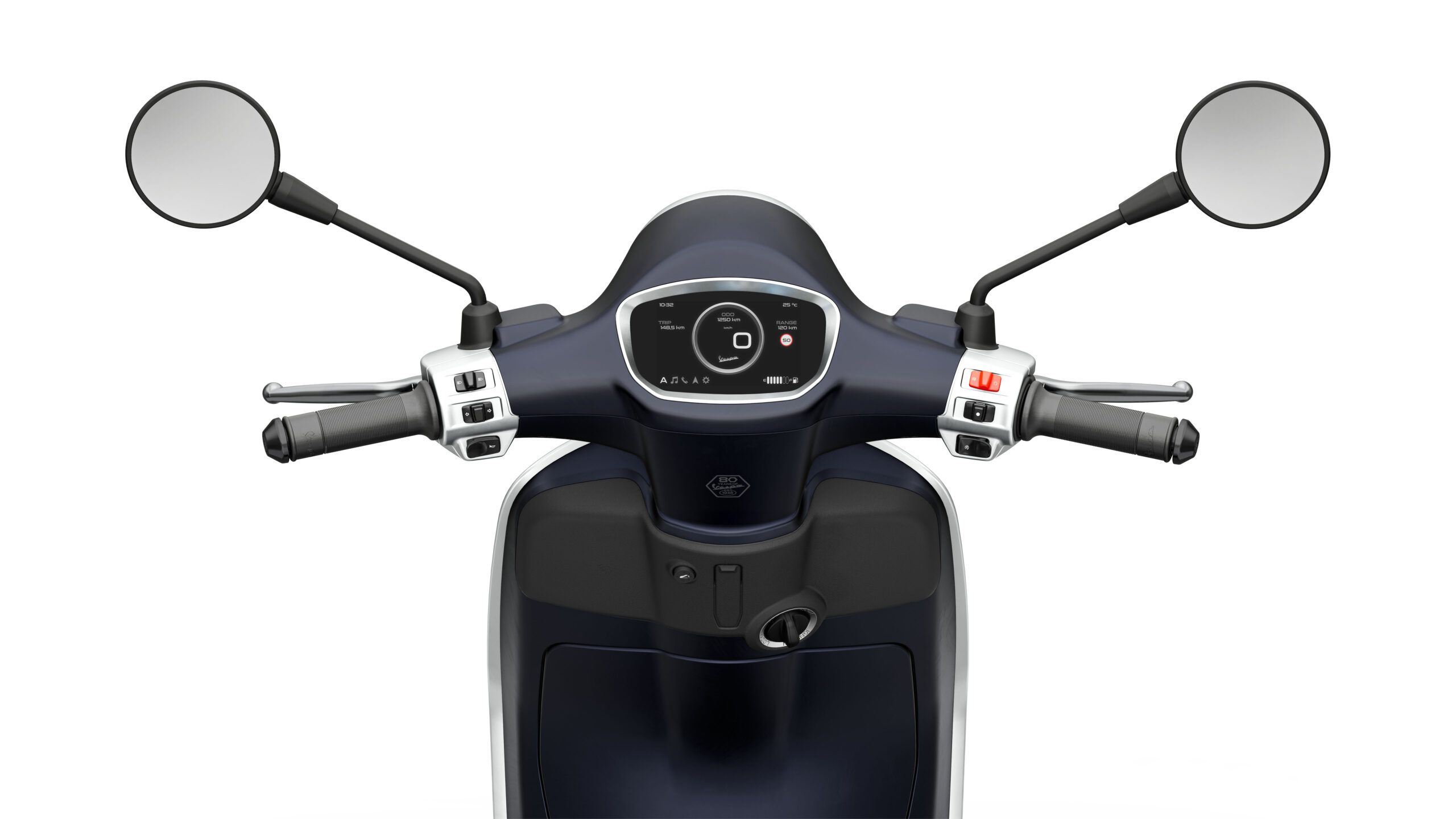 Primavera Tech 125 2026 Blu Energico Dash A top-down view of a scooter's handlebars featuring a digital display panel, two mirrors, and control grips for throttle and brakes, set against a white background.