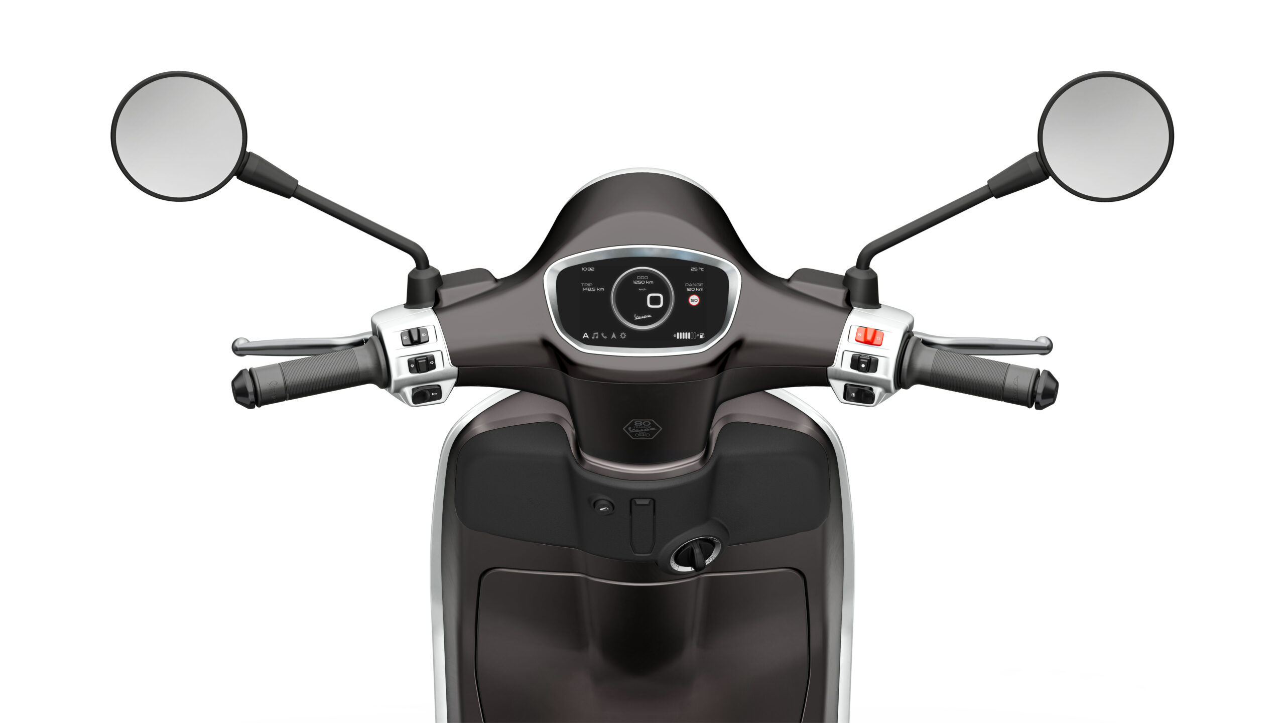 Primavera Tech 125 2026 Grigio Ottimista Dash Front view of a scooter's handlebar, featuring two mirrors, a digital dashboard displaying speed and battery information, and control grips on either side.
