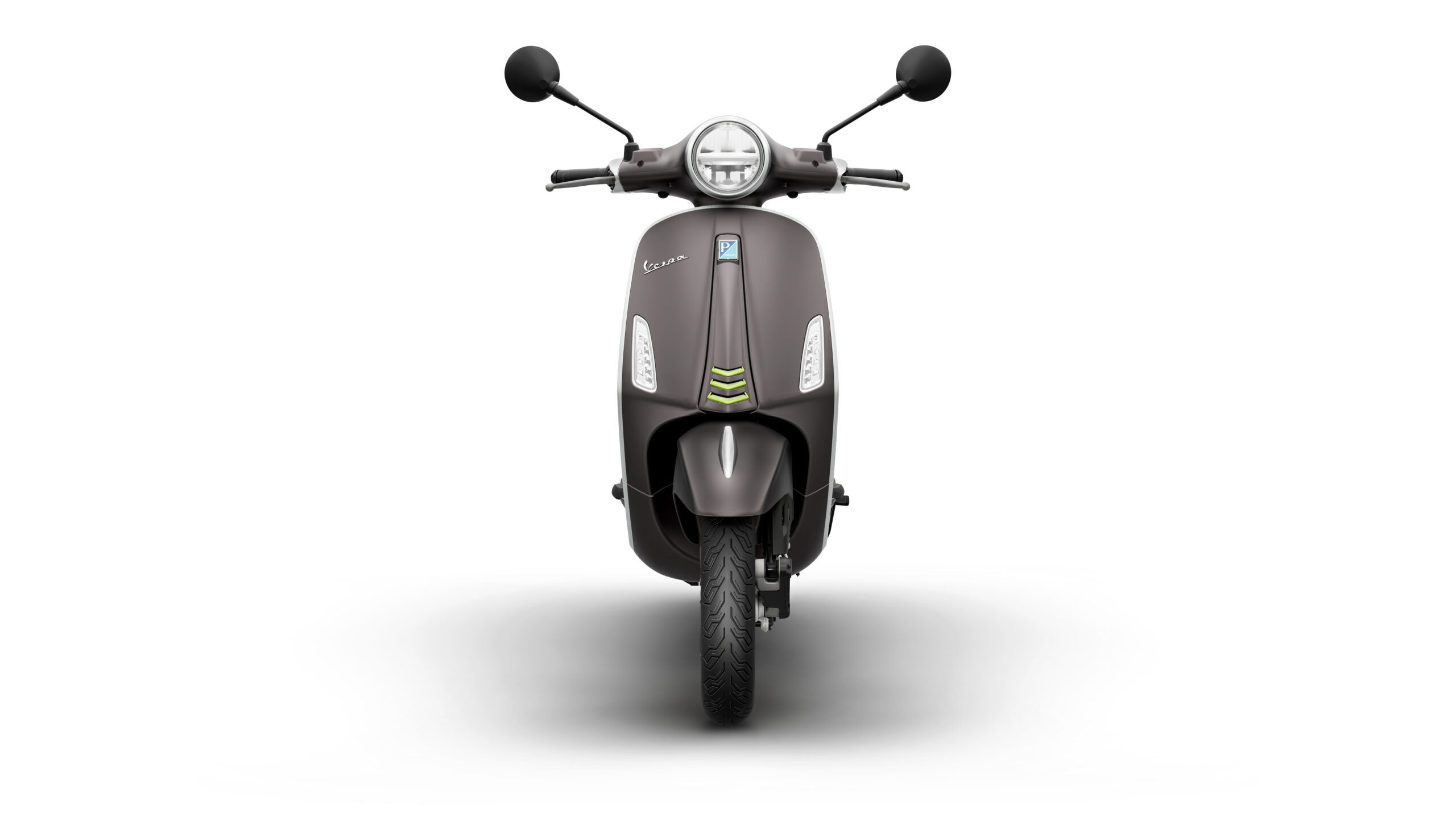 Primavera Tech 125 2026 Grigio Ottimista Front Front view of a sleek, modern scooter with a dark brown body, circular headlight, and minimalistic design elements.