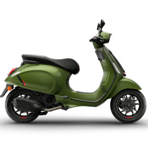 Vespa Sprint 125 S Euro 5+ 2026 A sleek green scooter displayed from the side, featuring a black seat, stylish wheels, and modern design elements.