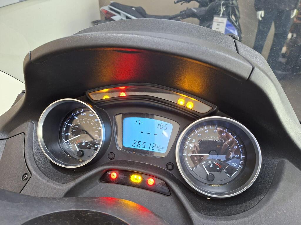 Piaggio MP3 350 2019 19 Dashboard of a motorcycle showing speedometer, tachometer, and digital display with a temperature reading of 17°C, total mileage of 26,512 miles, and warning lights illuminated.