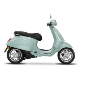 A mint green scooter with a black seat, viewed from the side, showcasing its sleek design and chrome wheels.