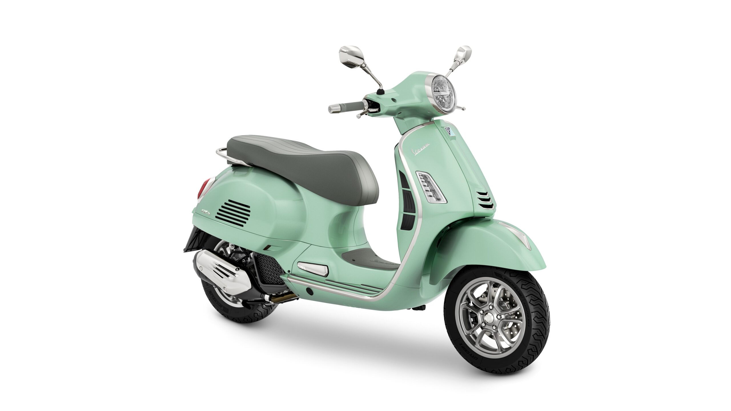 Vespa GTS 125 2026 Verde Amabile Lateral Right A mint green Vespa scooter with a grey seat, showing a sleek design and chrome details, positioned on a white background.