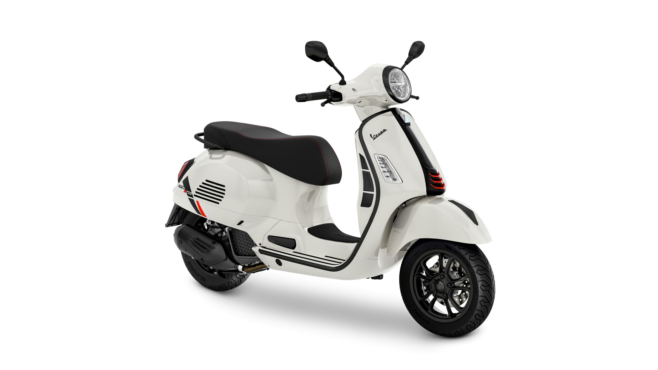 Vespa GTS 125 SuperSport Bianco Innocente Lateral Right A sleek white scooter with a sporty design, featuring a black seat and accents, positioned at a slight angle to showcase its curves and modern styling.