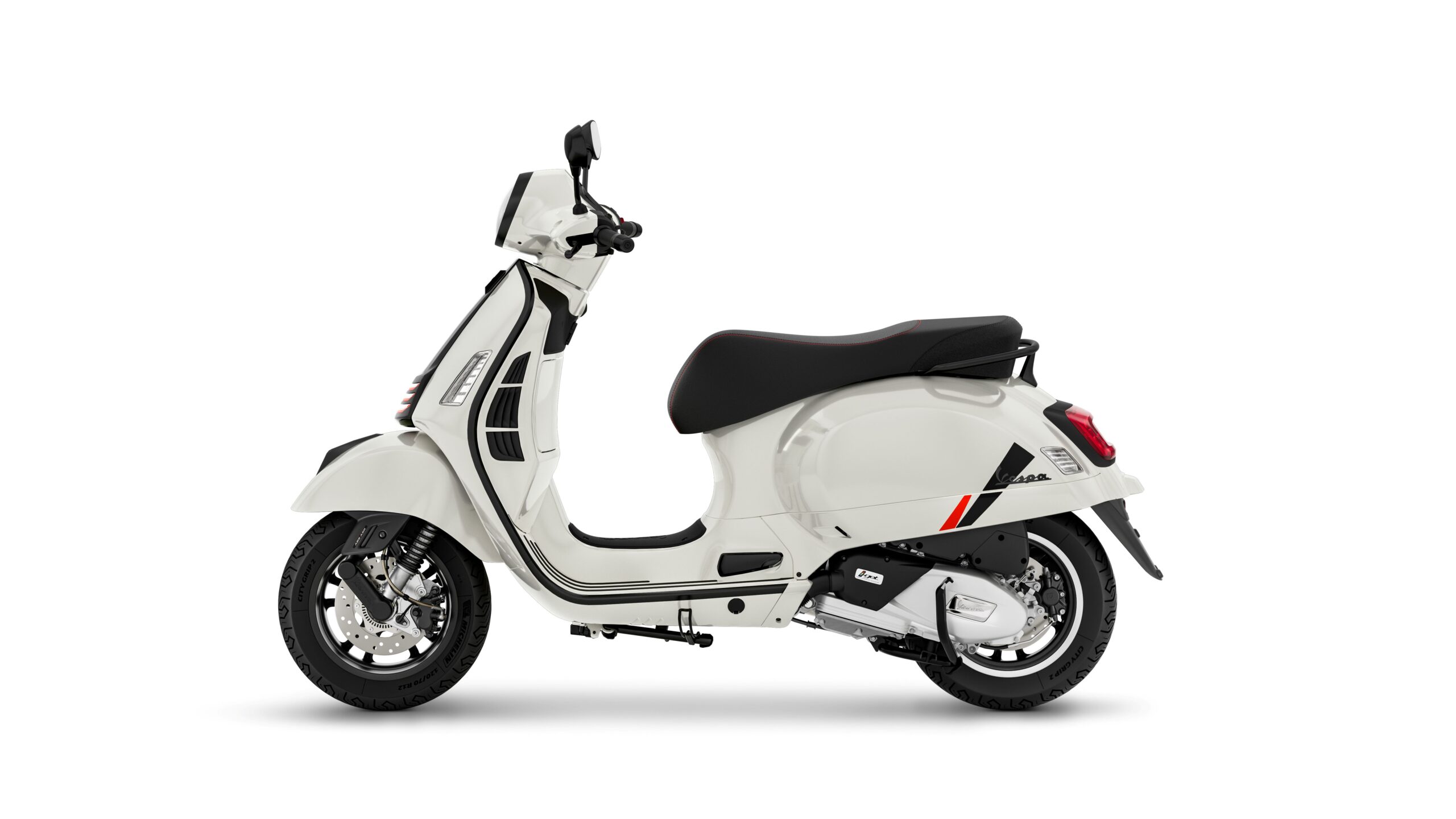 Vespa GTS 125 SuperSport Bianco Innocente Left A white vintage-style scooter with a black seat, featuring sleek lines and modern accents, viewed from the side against a plain white background.