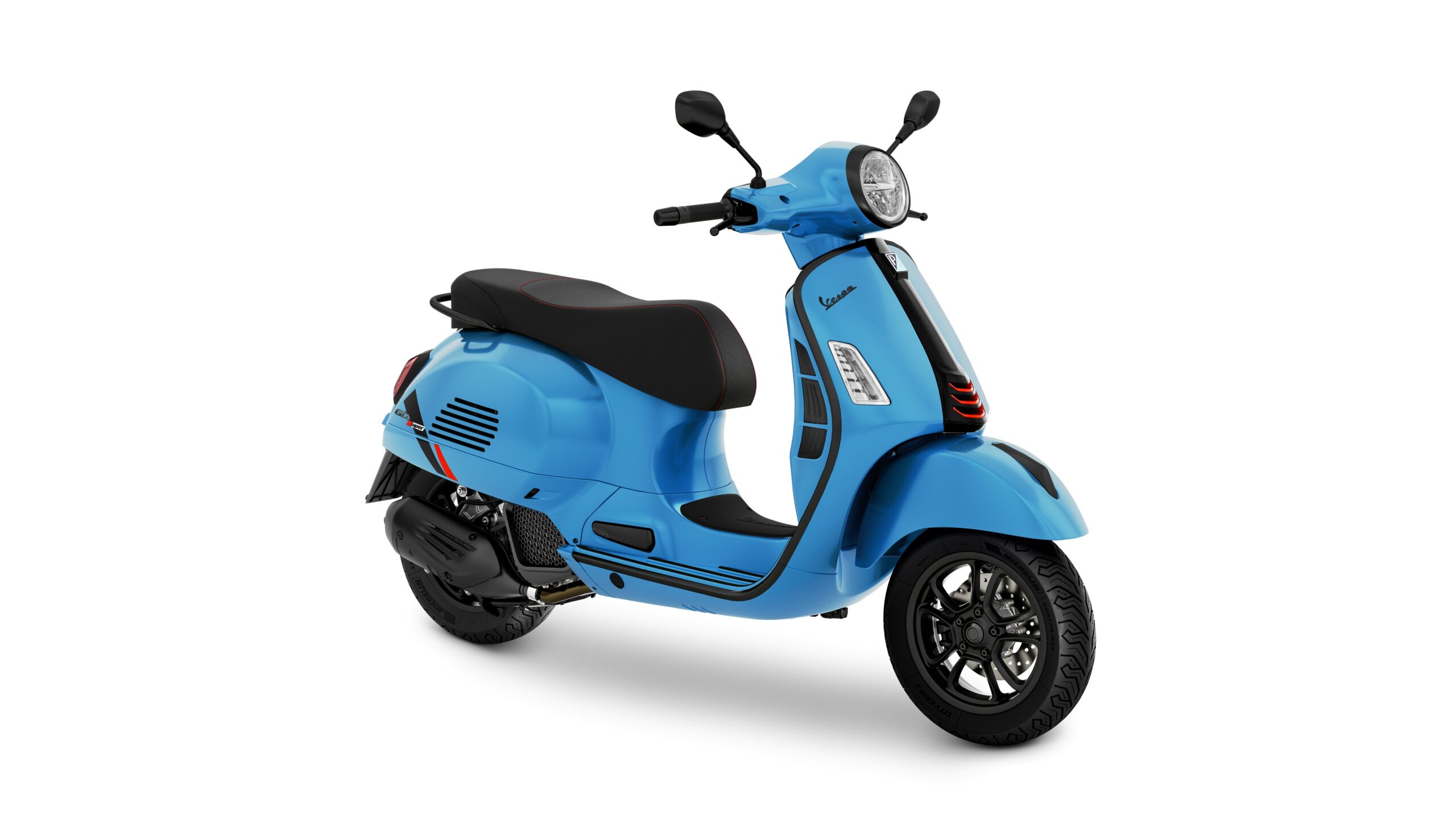 Vespa GTS 125 SuperSport Blu Eclettico Lateral Right A vibrant blue Vespa scooter with a sleek design, featuring a comfortable black seat and modern styling elements, is positioned at a slight angle against a white background.