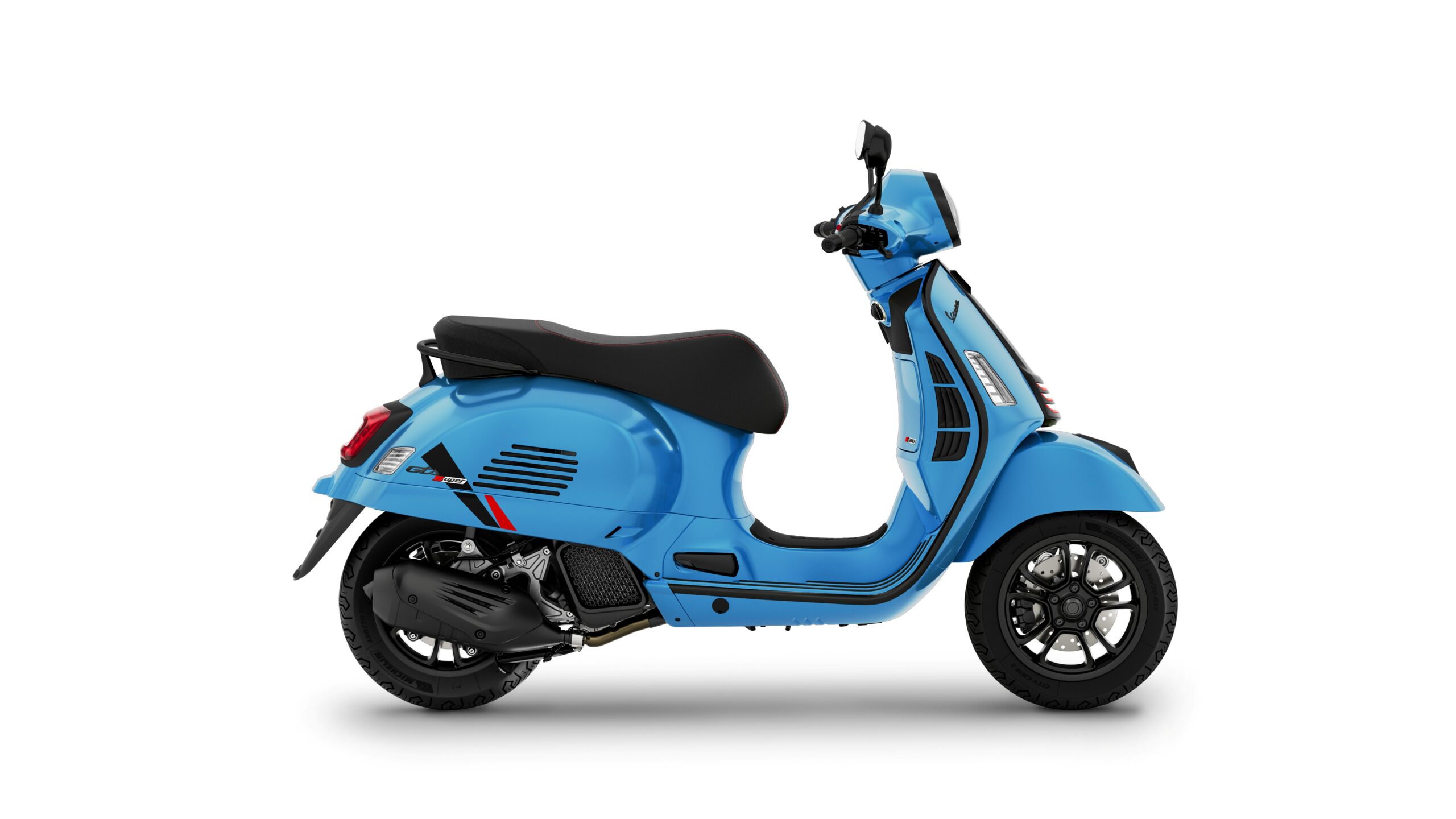 Vespa GTS 125 SuperSport Blu Eclettico Right A sleek blue scooter is shown in profile, featuring a sporty design with black accents and a comfortable seat.