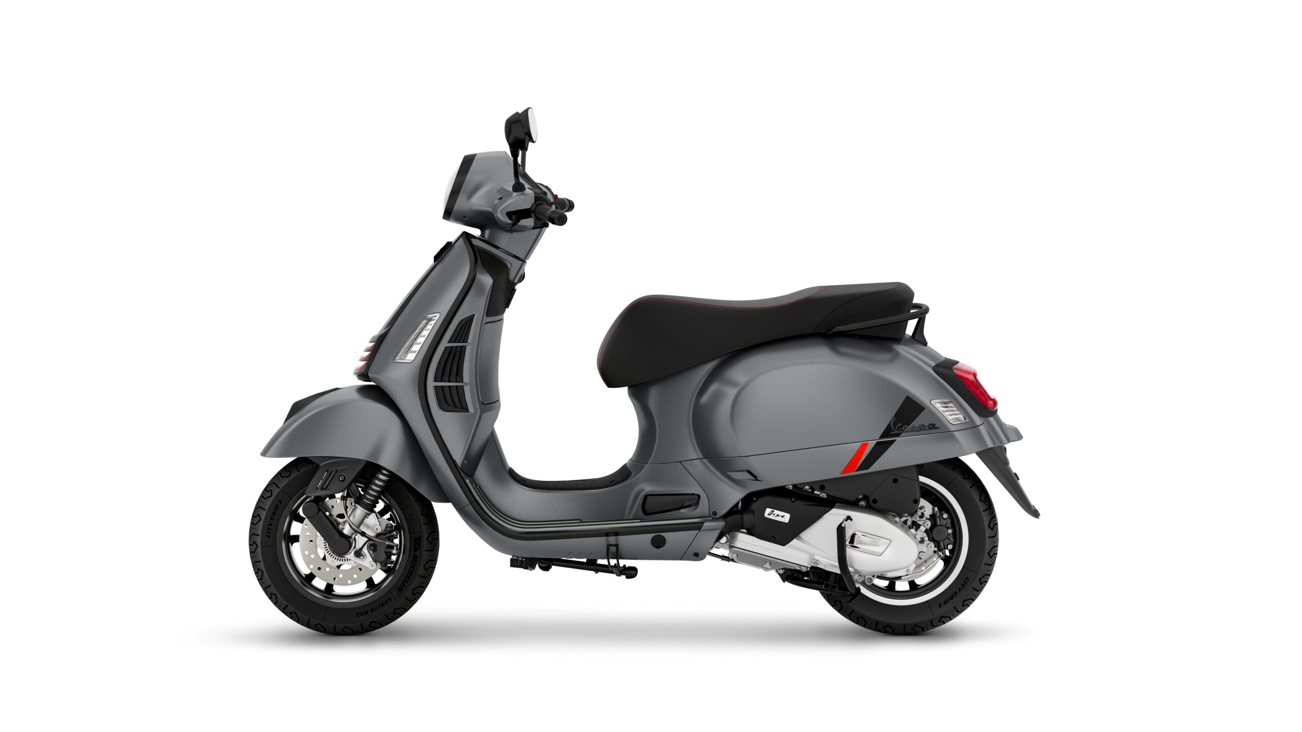 Vespa GTS 125 SuperSport Grigio Travolgente Left A sleek gray scooter with a black seat, viewed from the side.