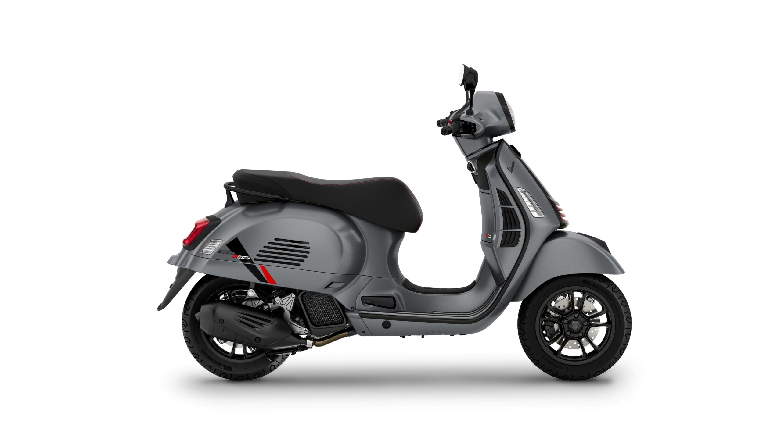 Vespa GTS 125 SuperSport Grigio Travolgente Right A sleek gray scooter with a black seat, showcasing a modern design, side profile view.