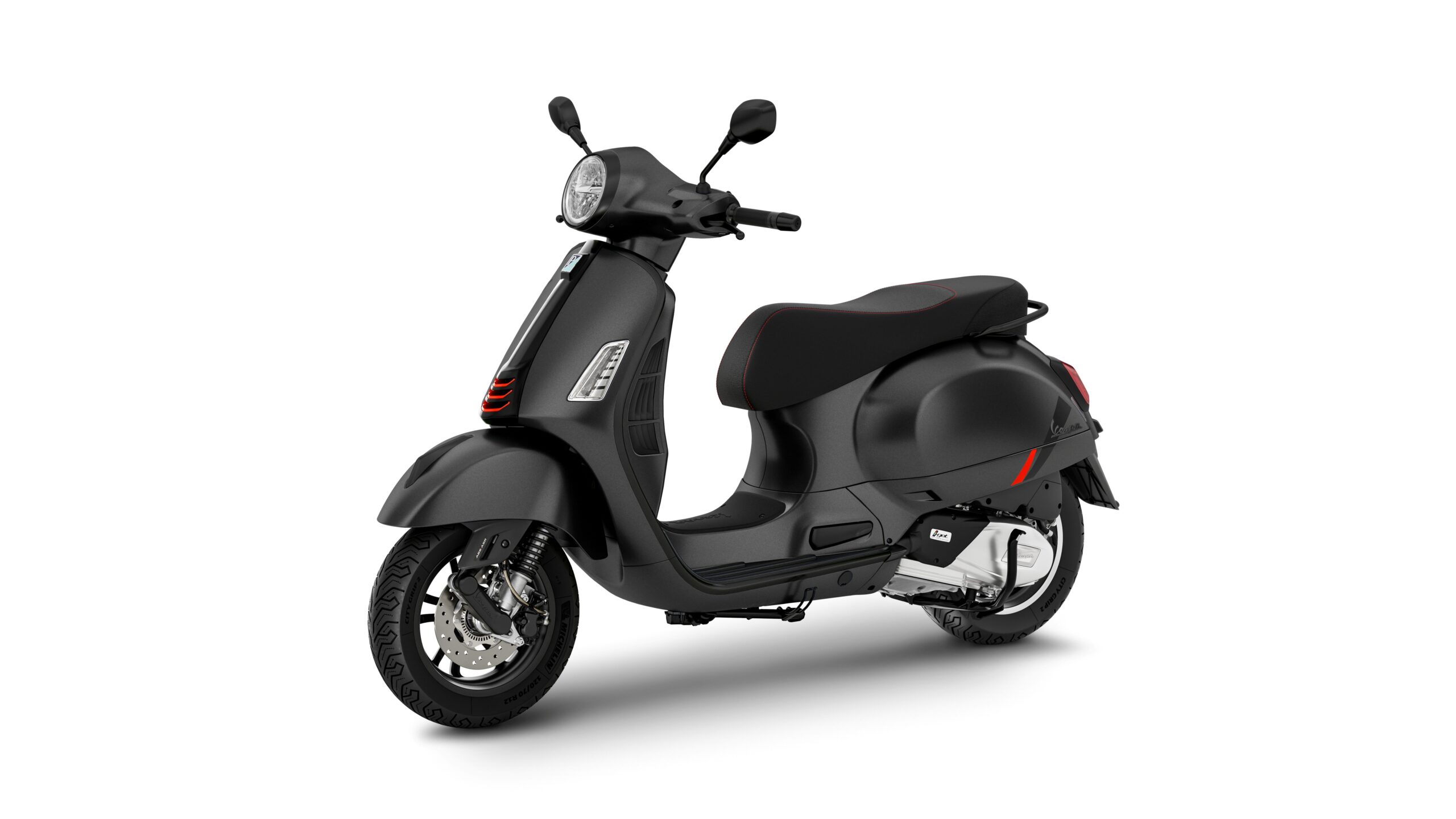 Vespa GTS 125 SuperSport Nero Convinto Lateral Left A sleek black scooter with a streamlined design, featuring a comfortable seat and modern handlebars, set against a plain white background.