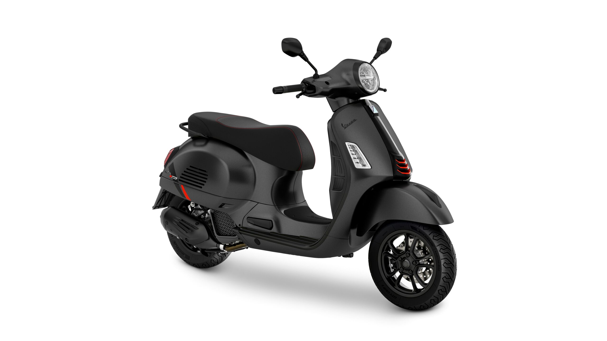 Vespa GTS 125 SuperSport Nero Convinto Lateral Right A black scooter with a modern design, featuring a sleek body, circular headlight, and sporty wheels, set against a white background.