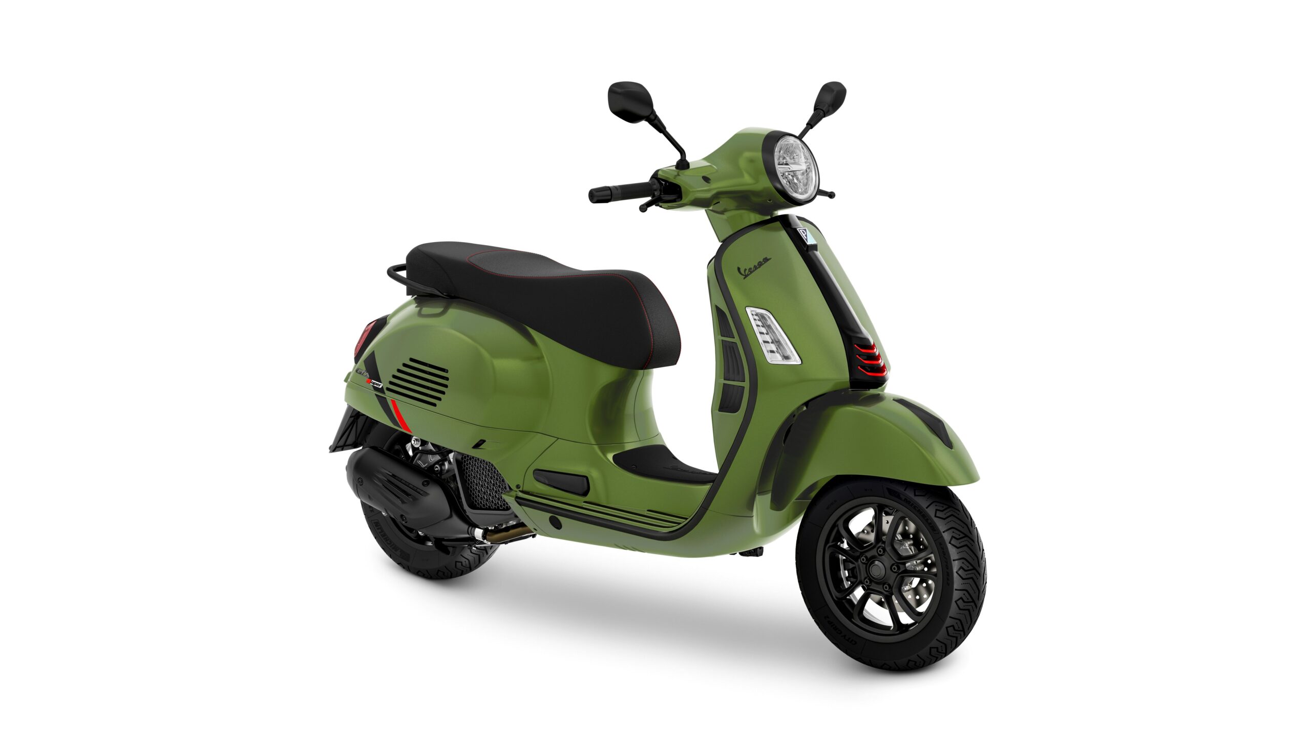Vespa GTS 125 SuperSport Verde Ribelle Lateral Right A green vintage-style scooter featuring a sleek design, black accents, and a comfortable seat.