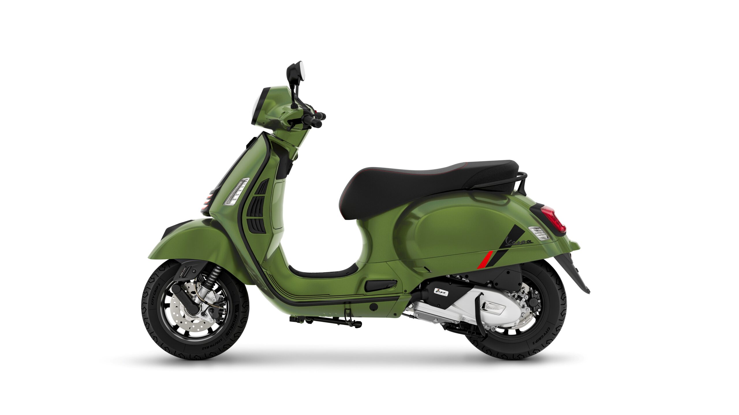 Vespa GTS 125 SuperSport Verde Ribelle Left A green vintage scooter with a black seat, viewed from the side, showcasing its sleek design and modern features.