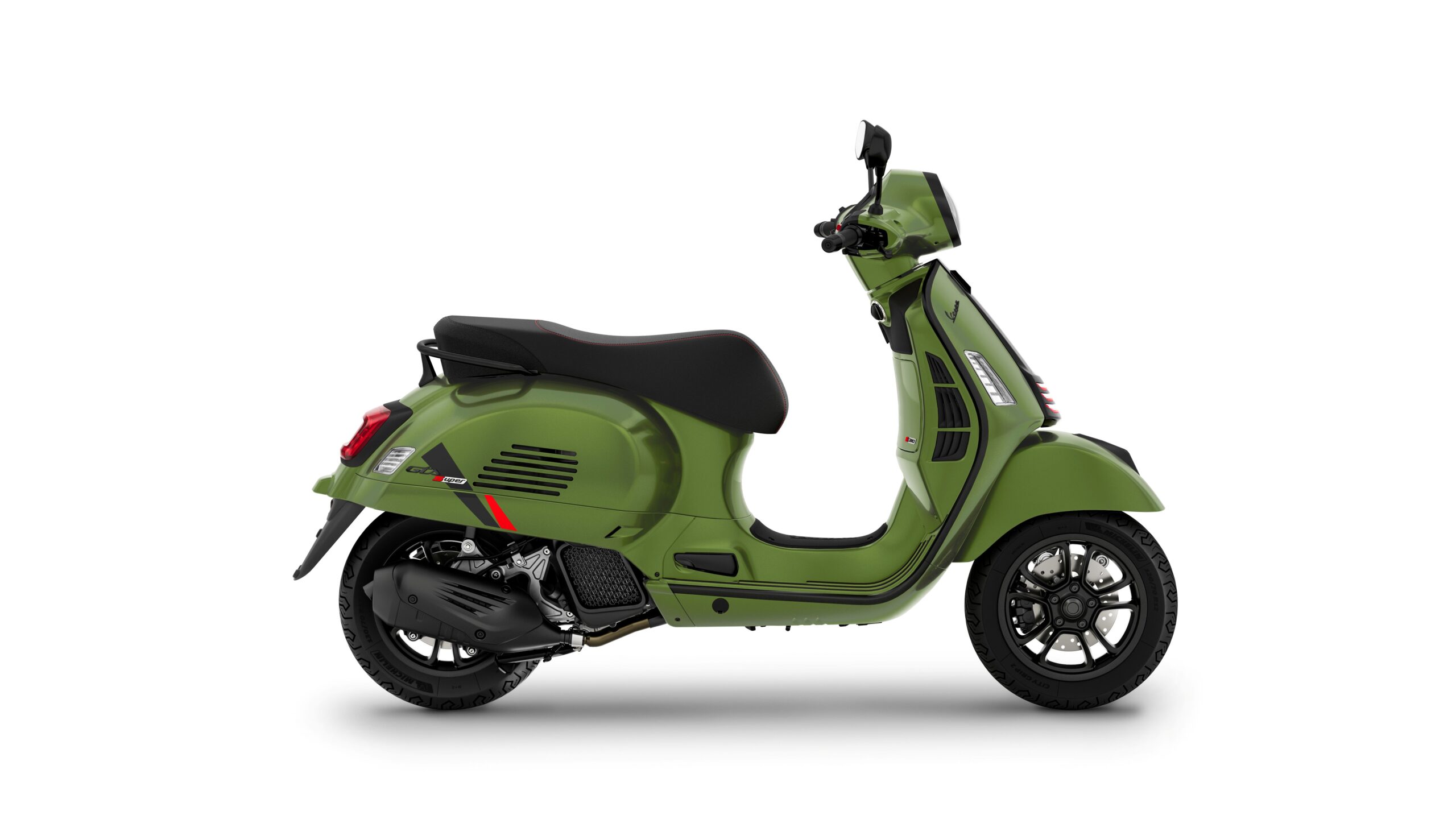 Vespa GTS 125 SuperSport Verde Ribelle Right A green Vespa scooter positioned side-on with a modern design, featuring a black seat and stylish wheel spokes, set against a white background.