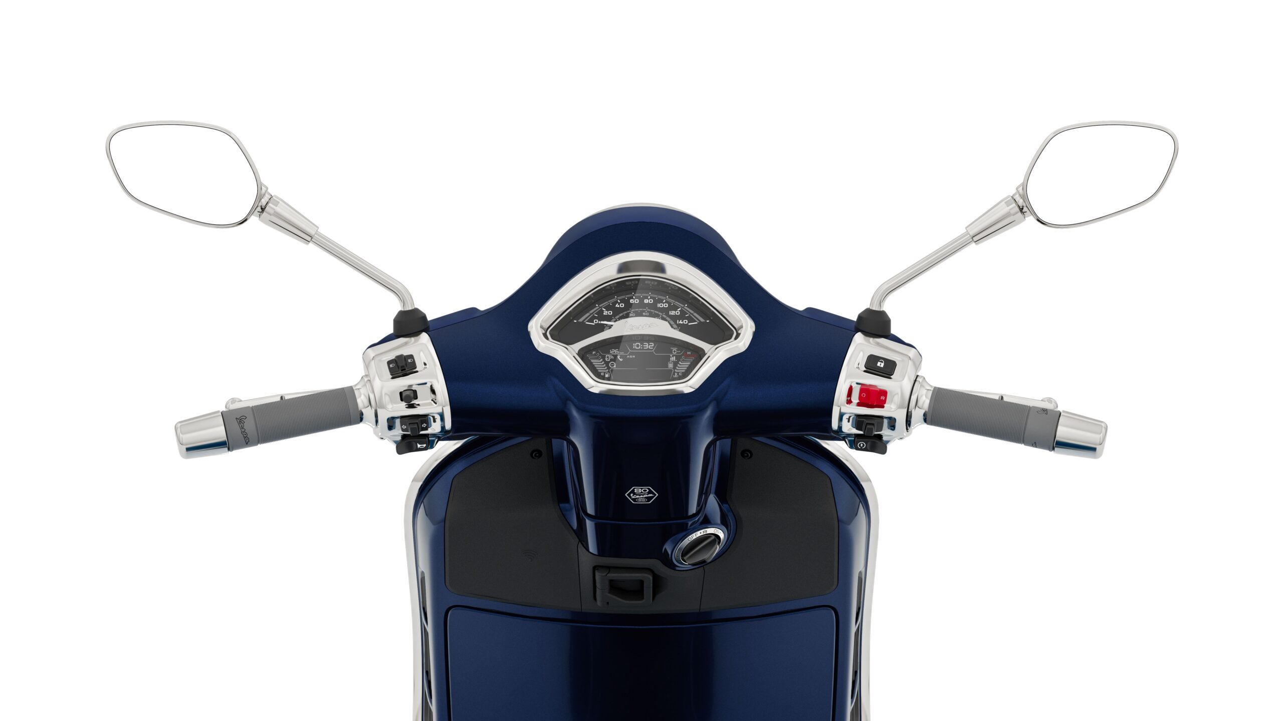 Vespa GTS 310 2026 Blu Energico Dashboard Close-up view of a scooter's handlebars, featuring a speedometer, controls, and mirrors, with a sleek blue design.