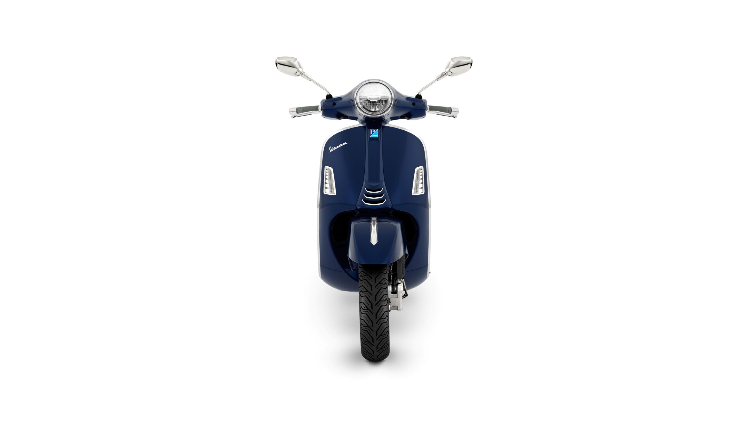 Vespa GTS 310 2026 Blu Energico Front A sleek navy blue scooter is displayed head-on, showcasing its circular headlight, chrome mirrors, and distinctive front design.