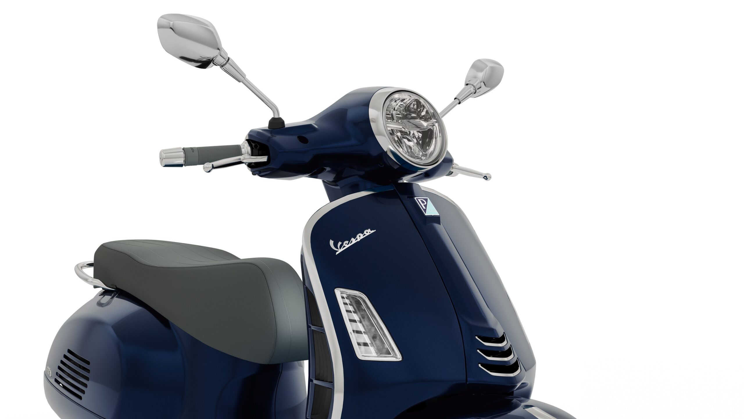 Vespa GTS 310 2026 Blu Energico Headlight A close-up of a blue Vespa scooter's front, showcasing the handlebars, headlight, and the distinctive body design.