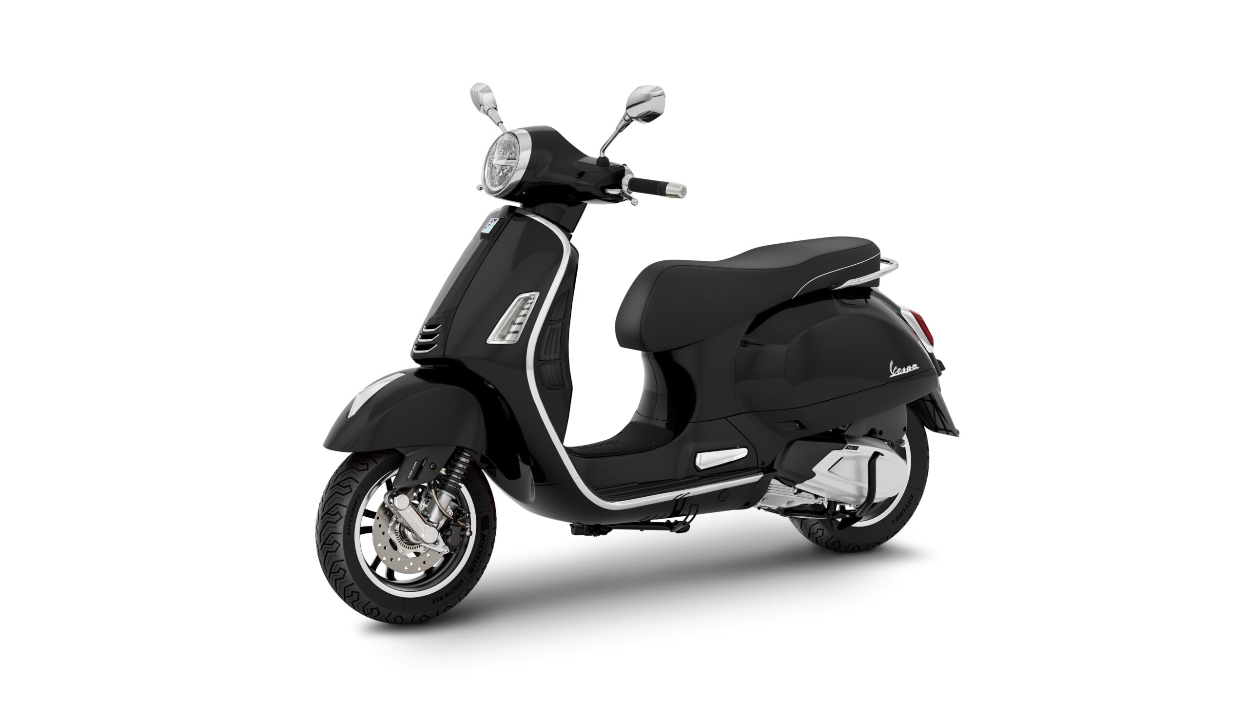 Vespa GTS Super 310 2026 Nero Convinto Lateral Left A sleek black Vespa scooter positioned at a slight angle, showcasing its rounded body, chrome accents, and modern design elements.