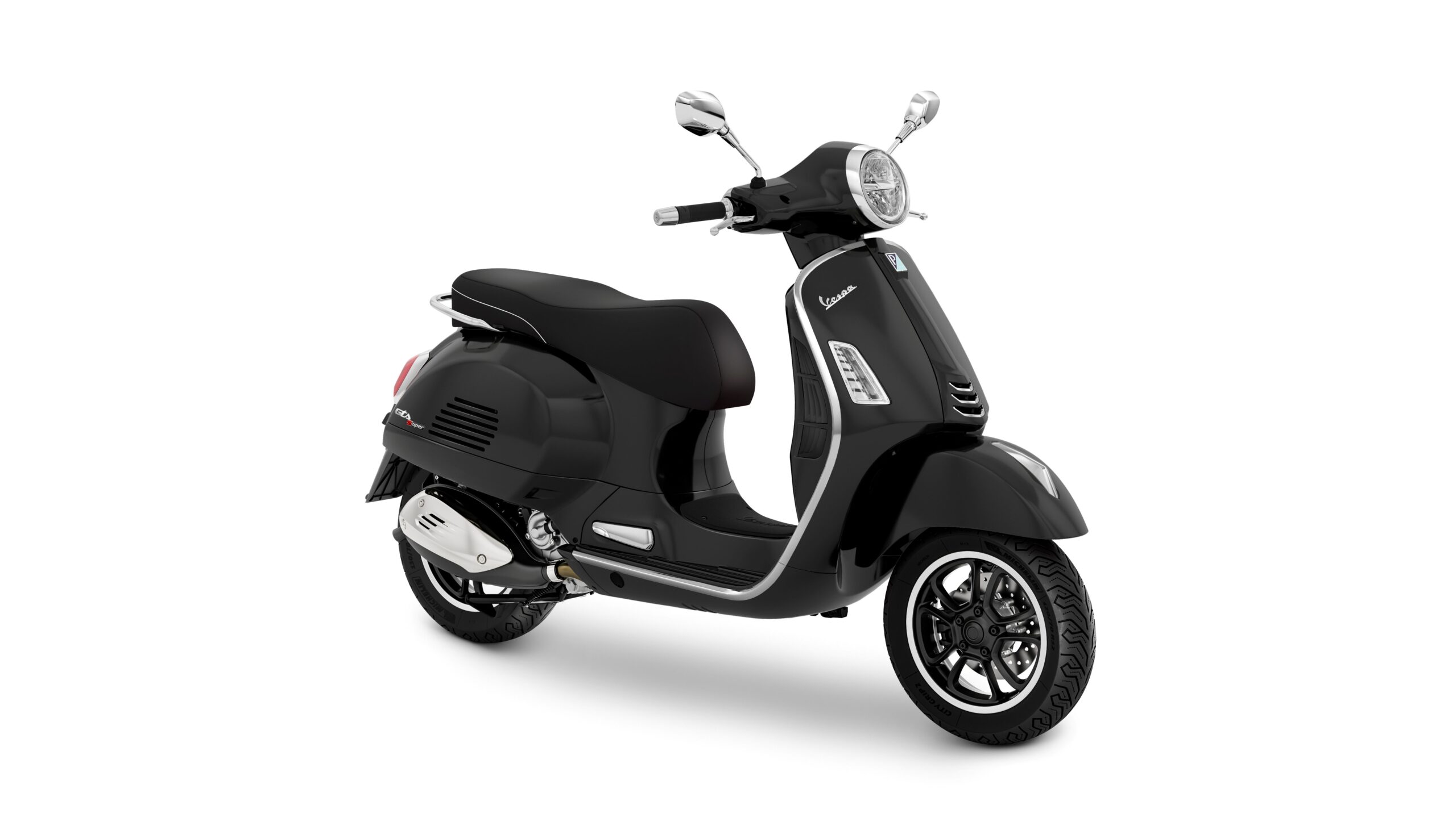 Vespa GTS Super 310 2026 Nero Convinto Lateral Right A sleek black Vespa scooter viewed from the side, showcasing its elegant design, glossy finish, and distinctive features such as the round headlight and sporty wheels.