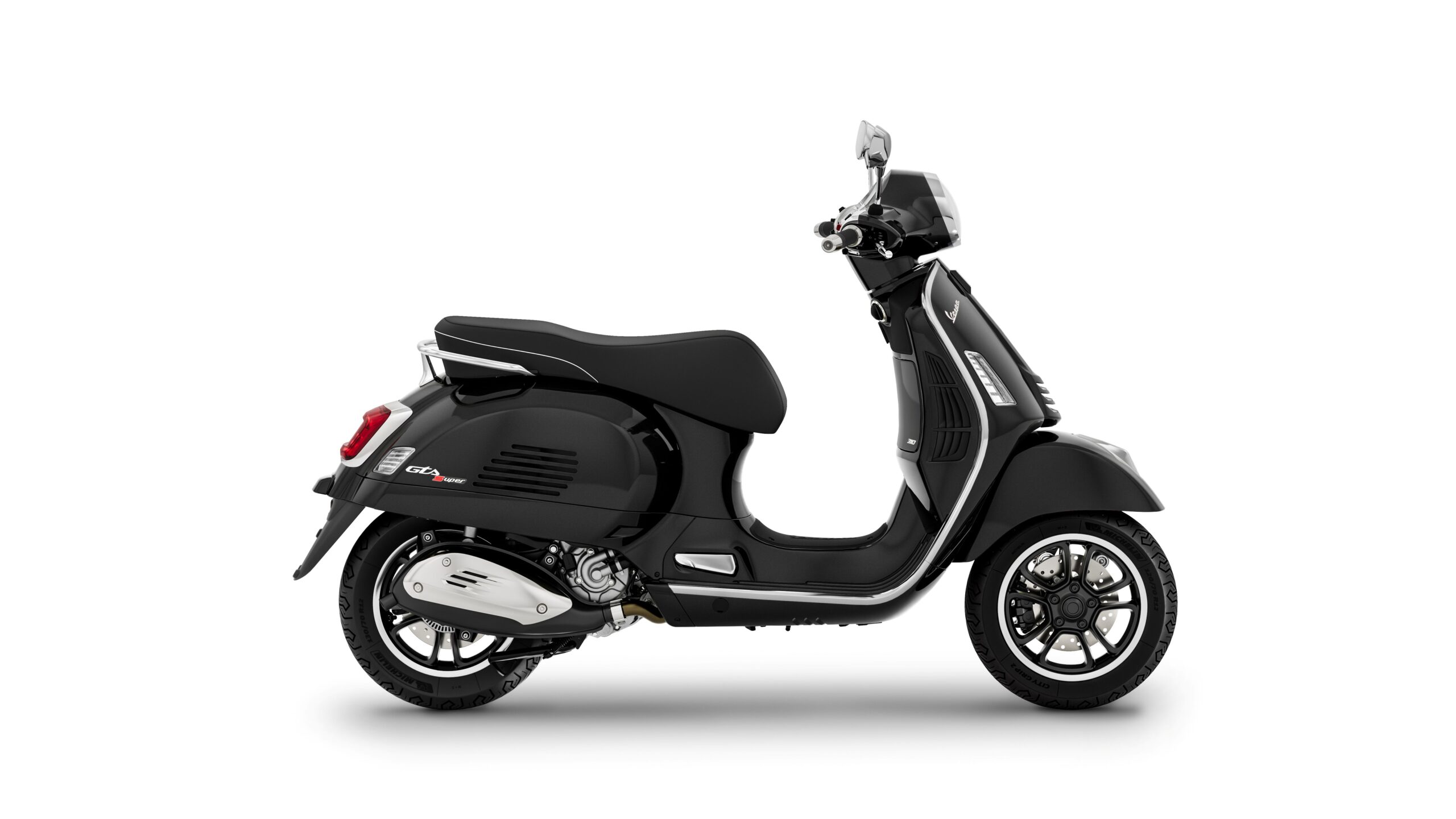 Vespa GTS Super 310 2026 Nero Convinto Right A sleek black scooter viewed from the side, showcasing its modern design and chrome accents.