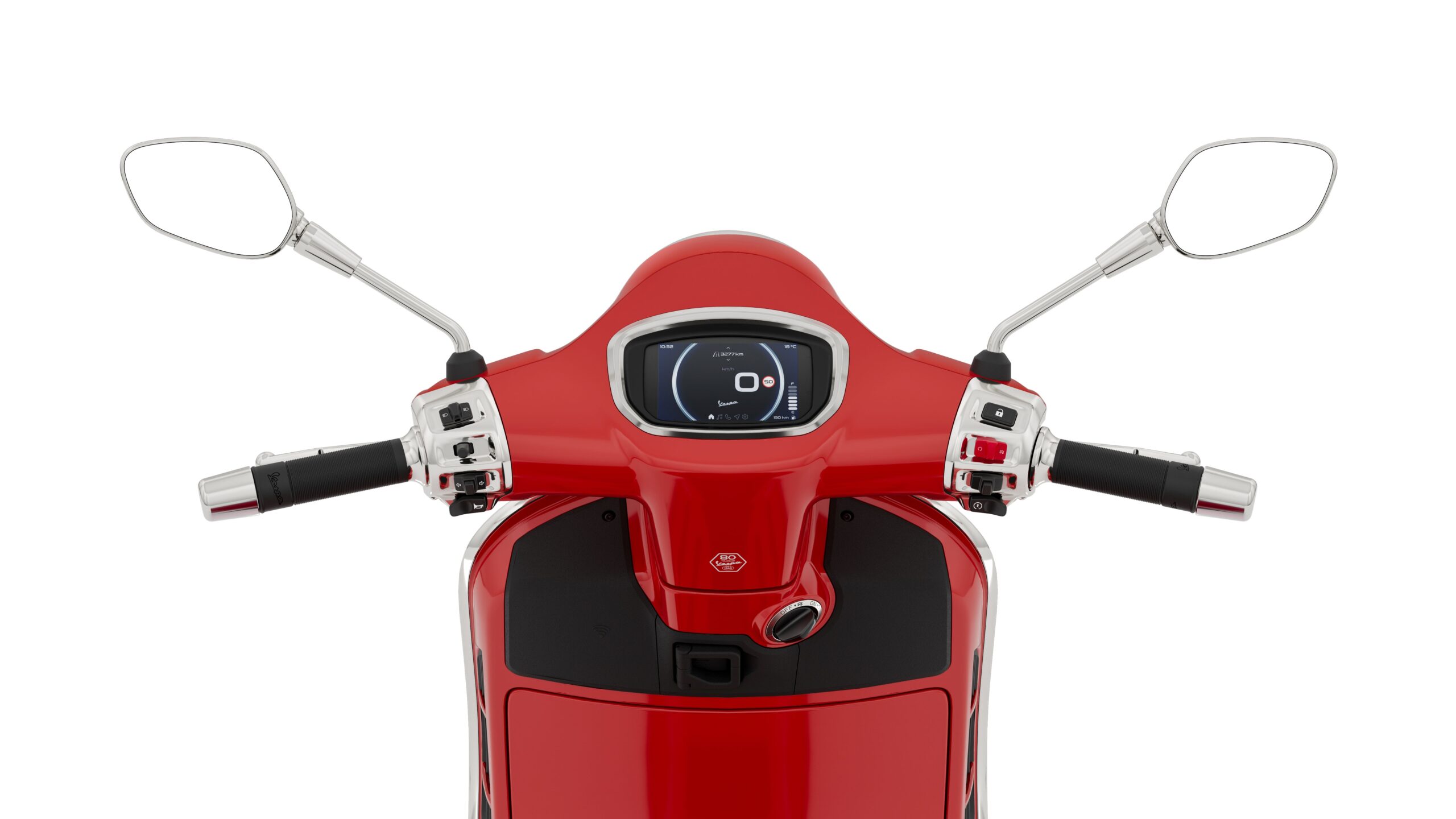 Vespa GTS Super 310 2026 Rosso Coraggioso Dashboard A close-up view of the handlebars of a red scooter, featuring digital display, control buttons, and mirrors on either side.