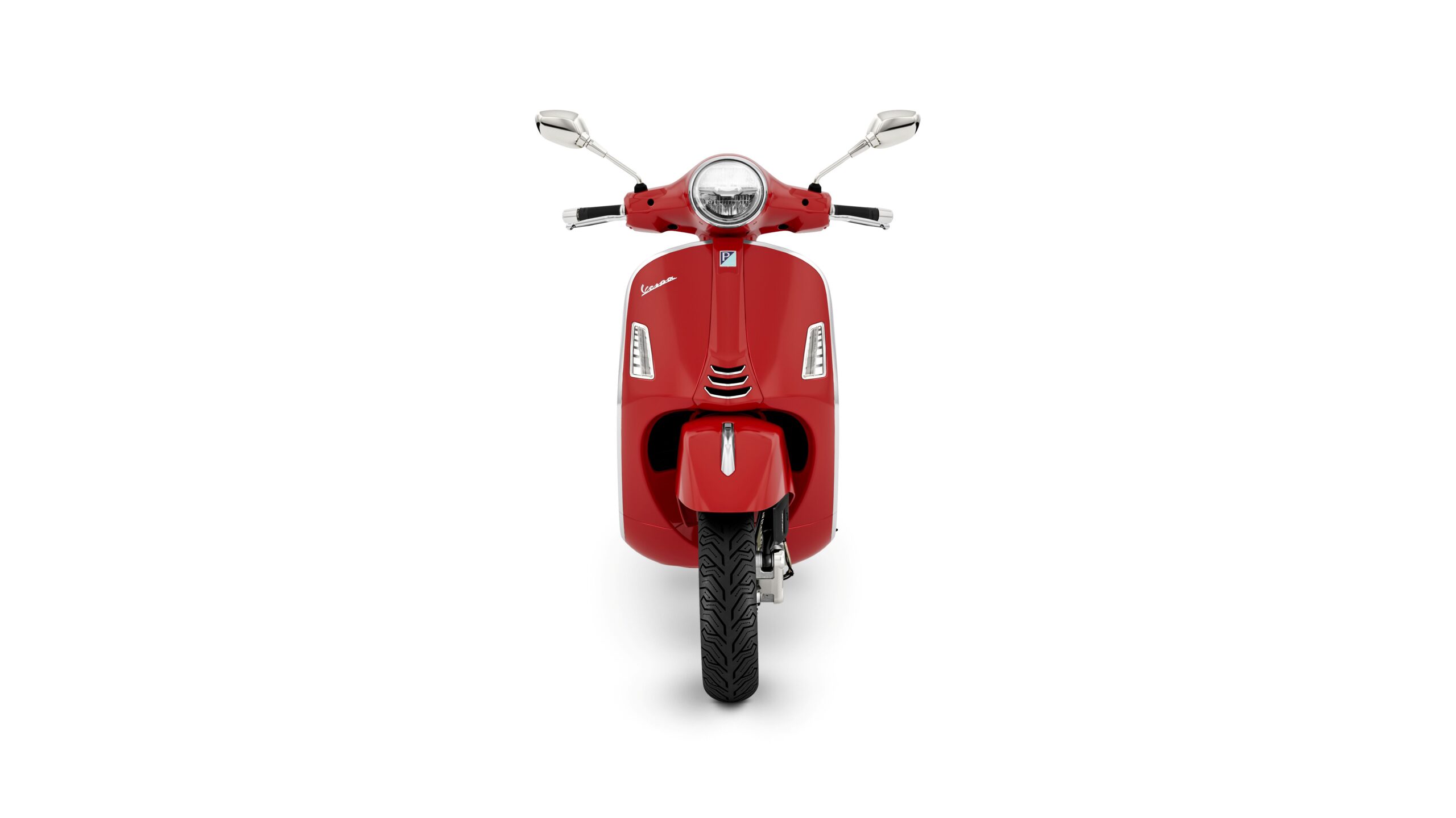 Vespa GTS Super 310 2026 Rosso Coraggioso Front A front view of a red scooter with a classic design, featuring a round headlight and chrome mirrors.