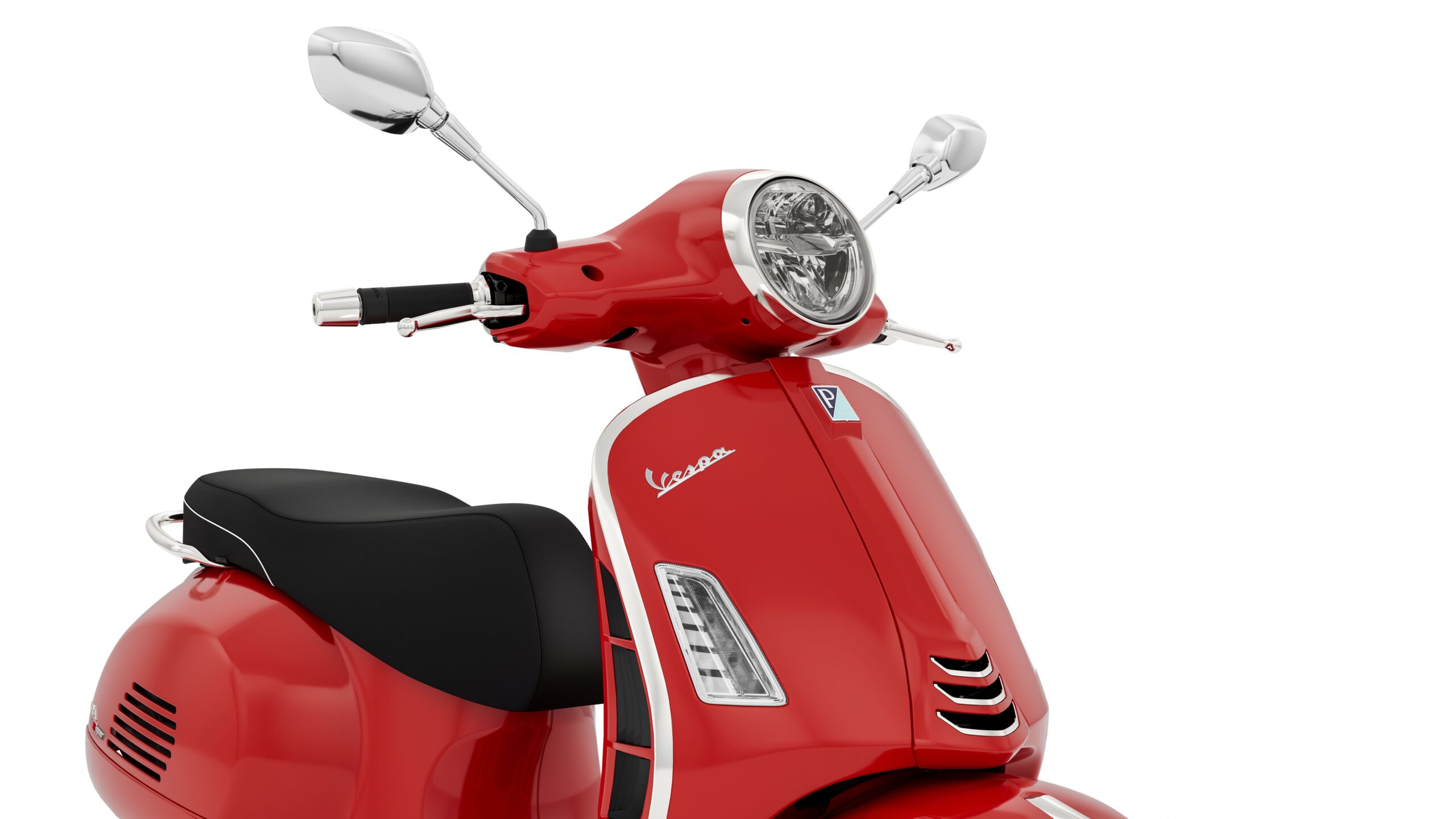 Vespa GTS Super 310 2026 Rosso Coraggioso Headlight A close-up of a vibrant red Vespa scooter, showcasing its sleek design, chrome mirrors, and a black seat.