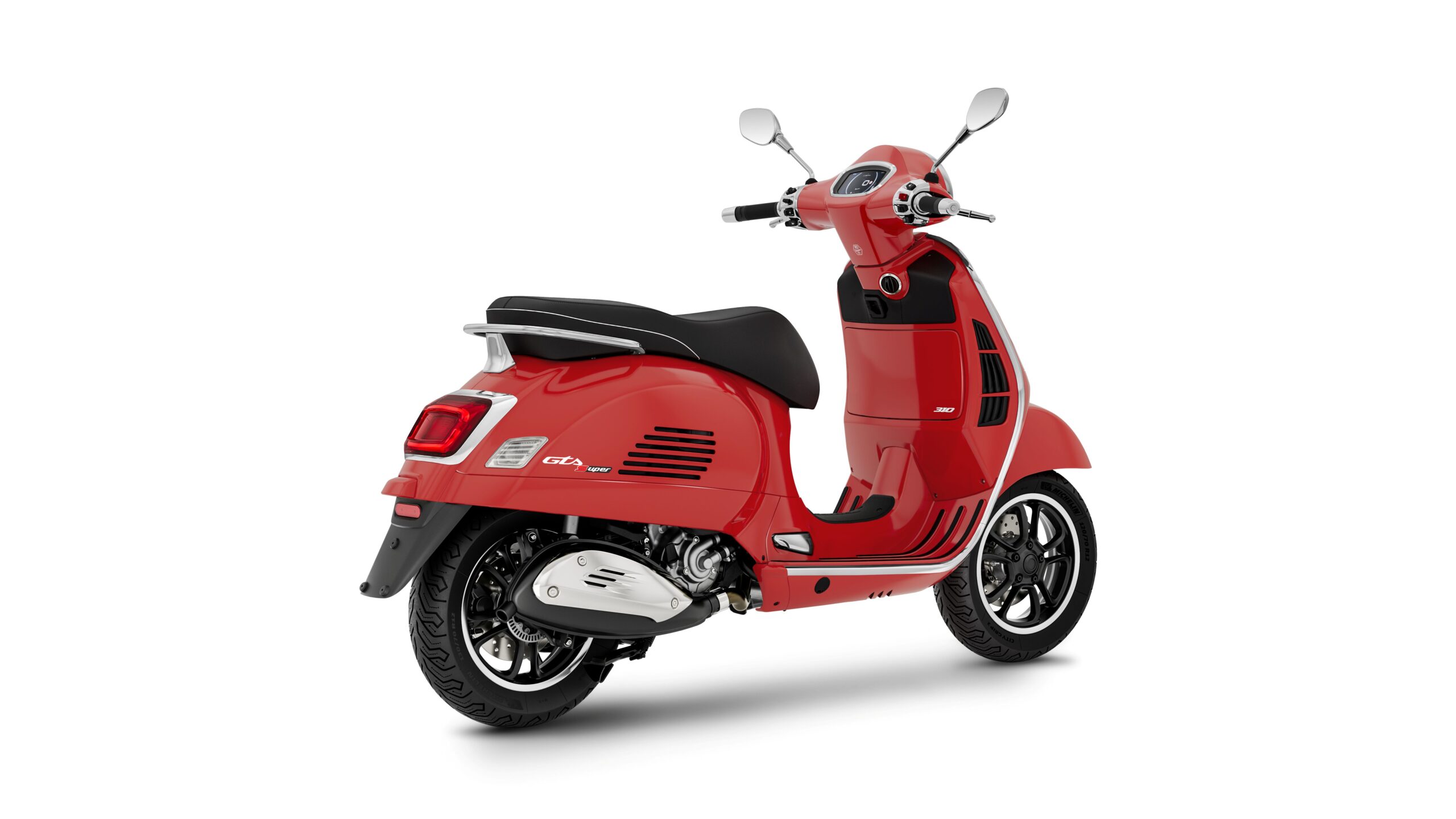 Vespa GTS Super 310 2026 Rosso Coraggioso Lateral Rear Right A red scooter with a sleek design, featuring a comfortable seat and a black rear fender, angled to show its side and rear view.