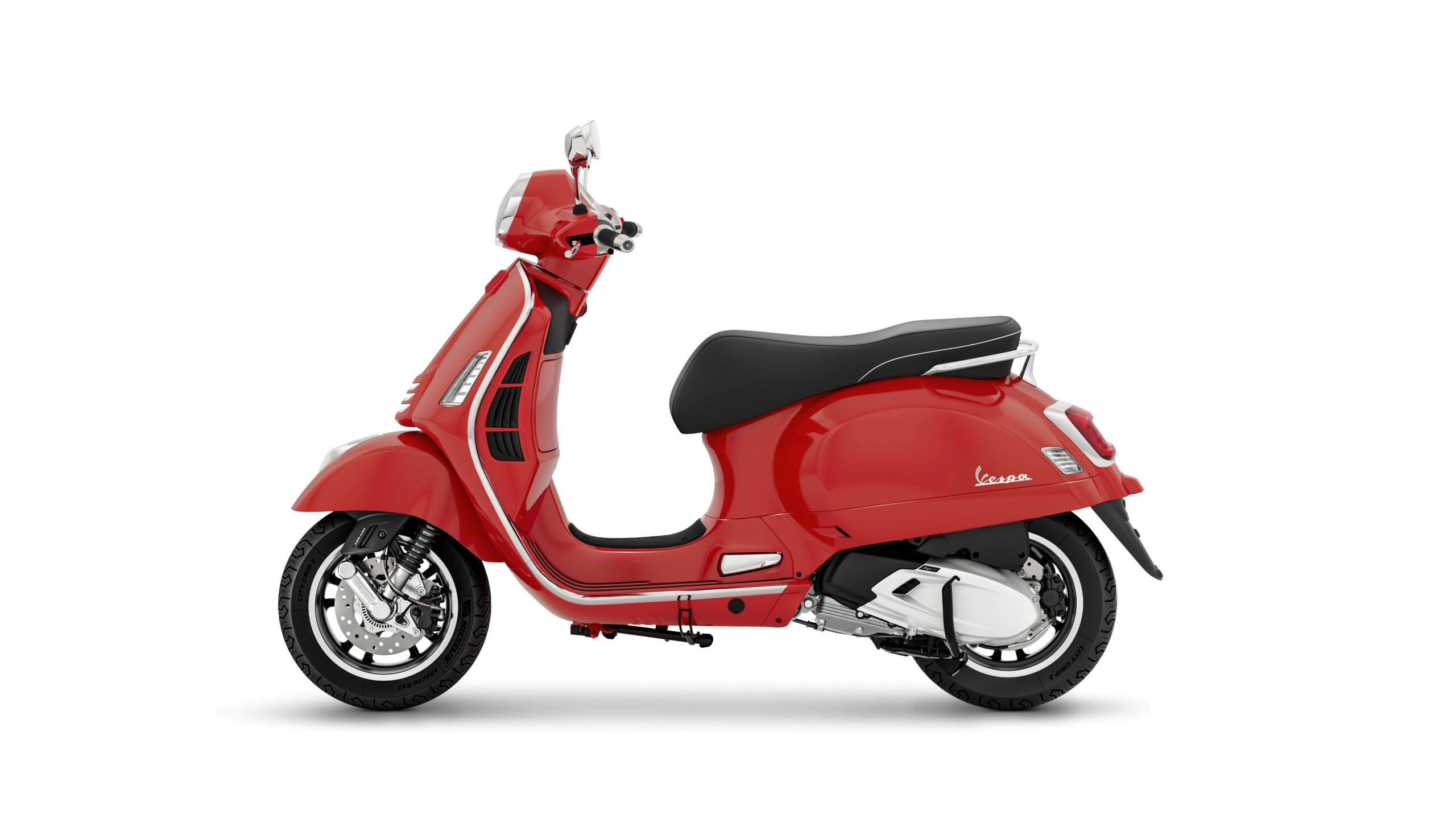 Vespa GTS Super 310 2026 Rosso Coraggioso Left A vibrant red Vespa scooter viewed from the side, showcasing its classic design, smooth curves, and black seat.
