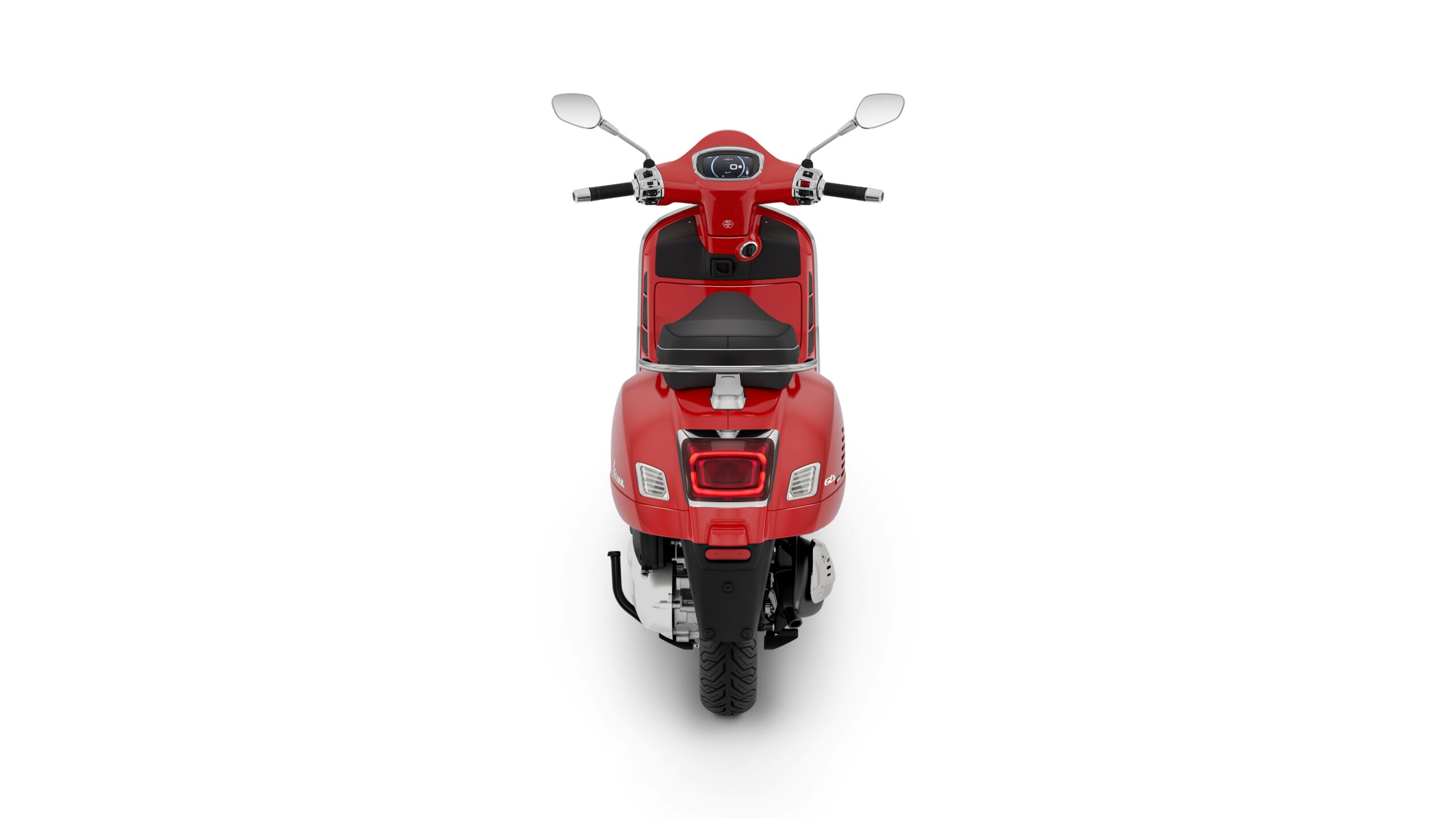Vespa GTS Super 310 2026 Rosso Coraggioso Rear A red scooter viewed from the rear, featuring a sleek design, a black seat, and chrome accents. The handlebars have mirrors and a digital display.