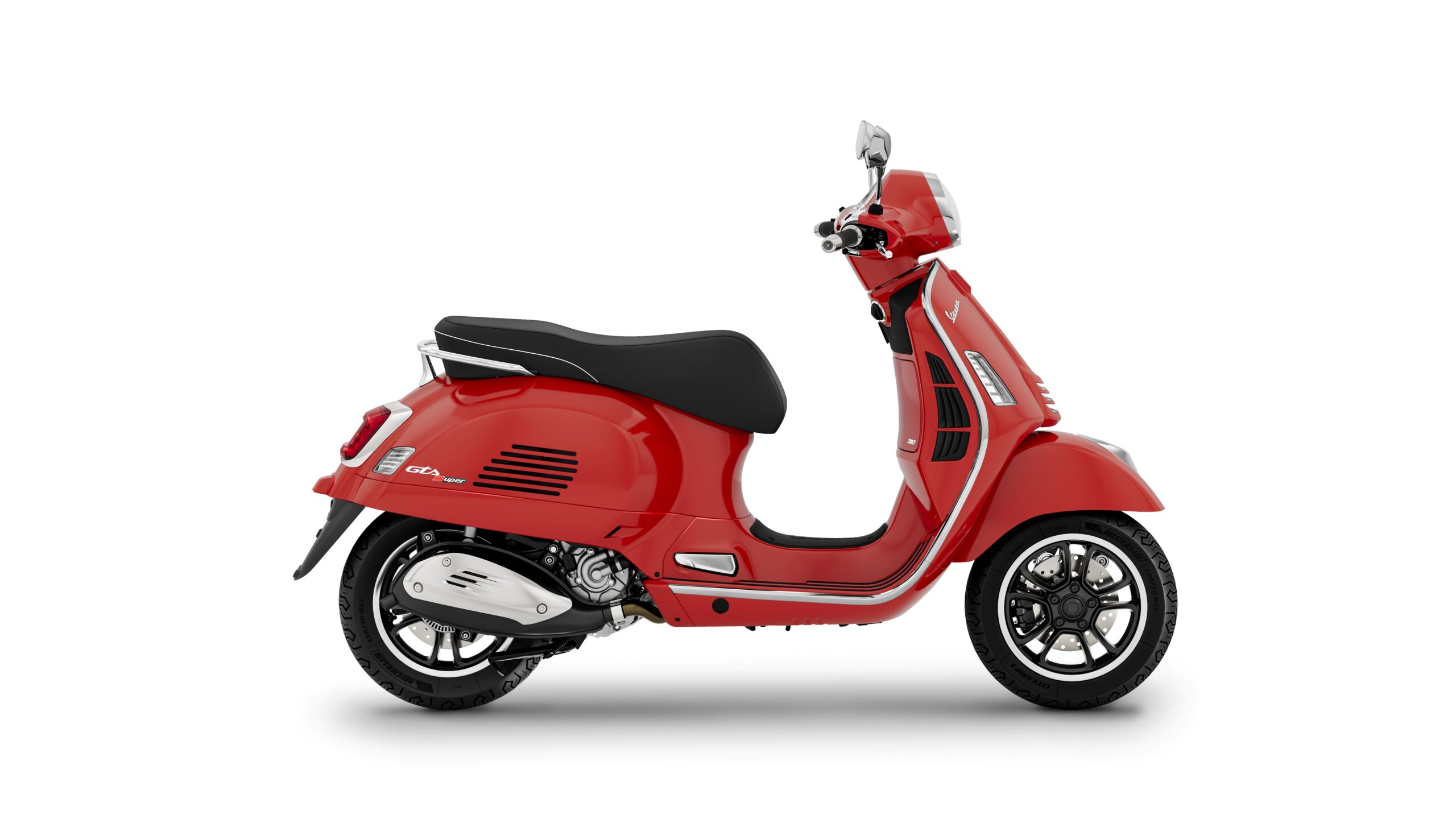 Vespa GTS Super 310 2026 Rosso Coraggioso Right A sleek red scooter with a black seat, featuring chrome accents and a stylish design, positioned against a white background.