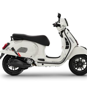 A white scooter with black accents, featuring a comfortable seat, stylish design, and modern detailing, displayed on a plain background.