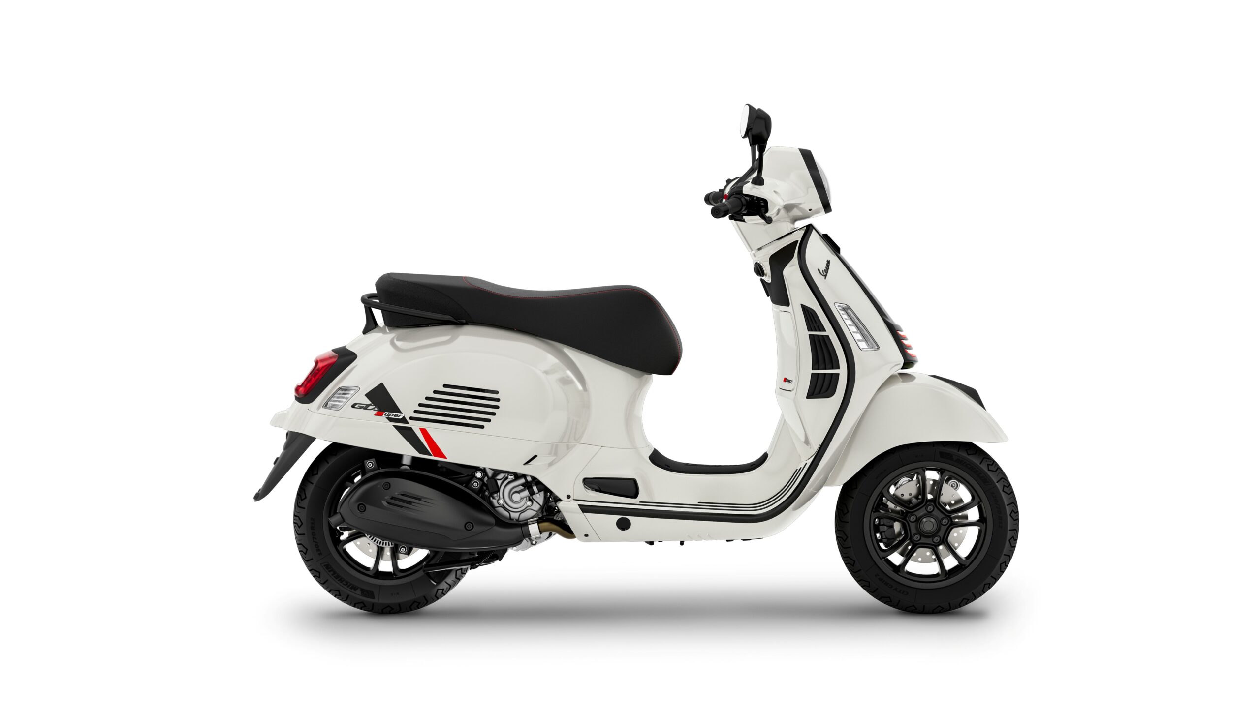 Vespa GTS SuperSport 310 2026 Bianco Innocente Right A white scooter with black accents, featuring a comfortable seat, stylish design, and modern detailing, displayed on a plain background.