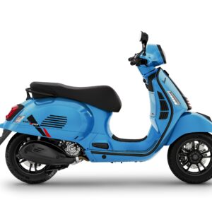 A side view of a bright blue scooter with a sleek design, featuring a comfortable black seat and stylish wheels.
