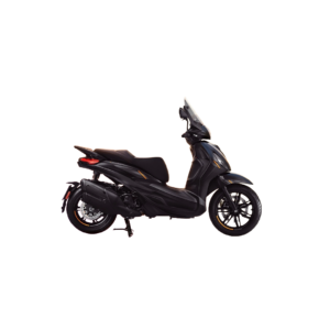 Piaggio Beverly 25th Anniversary 400 Euro 5+ A sleek black scooter parked sideways with a tinted windscreen and a modern design, showcasing its front wheel and body contours.