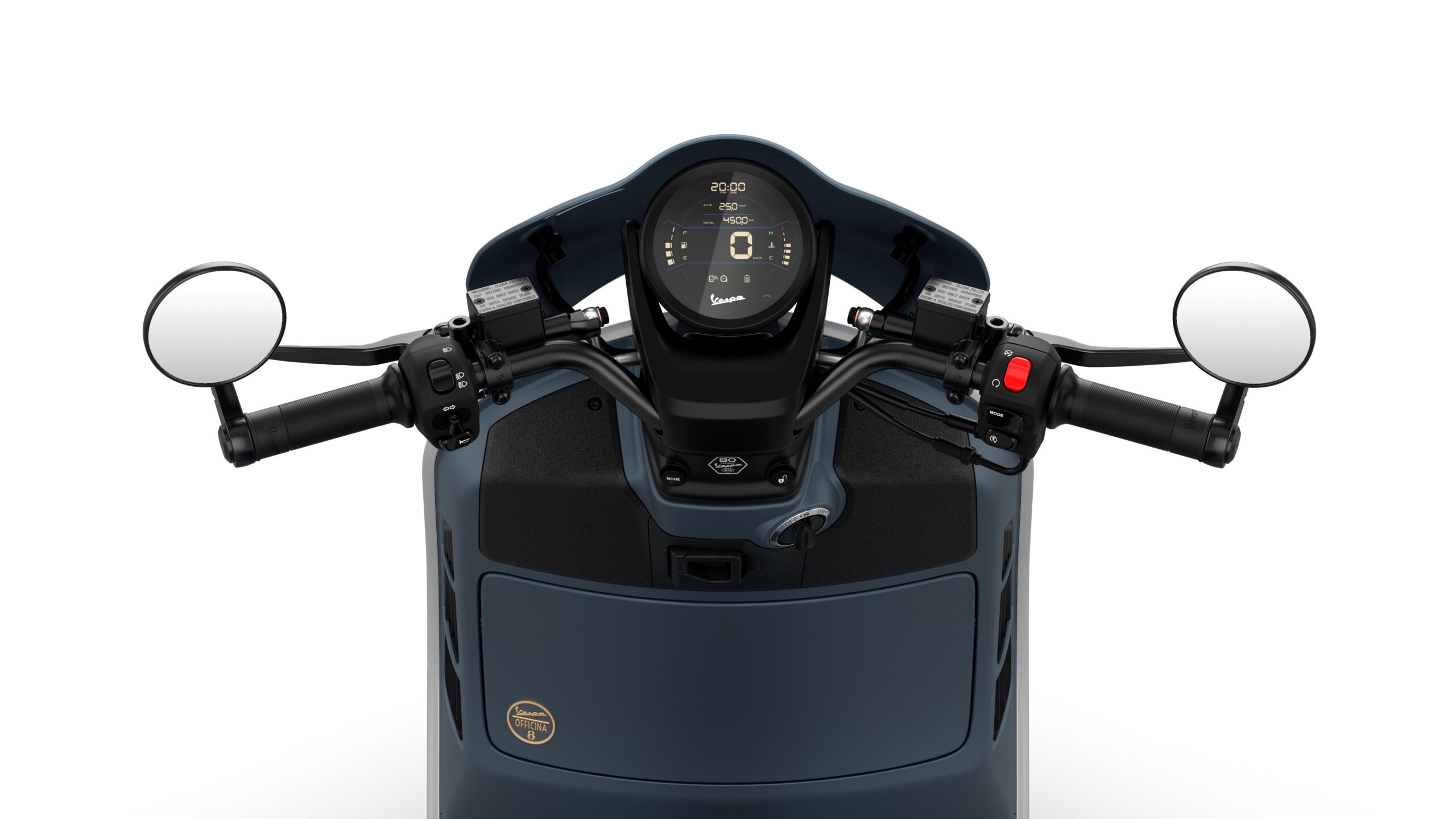 Vespa GTV 125 MY26 Officina Dash A top view of a scooter's handlebar, featuring a digital dashboard display at the center, with controls on both sides, including mirrors, throttle, and various buttons. The color scheme is primarily dark blue with a textured surface.