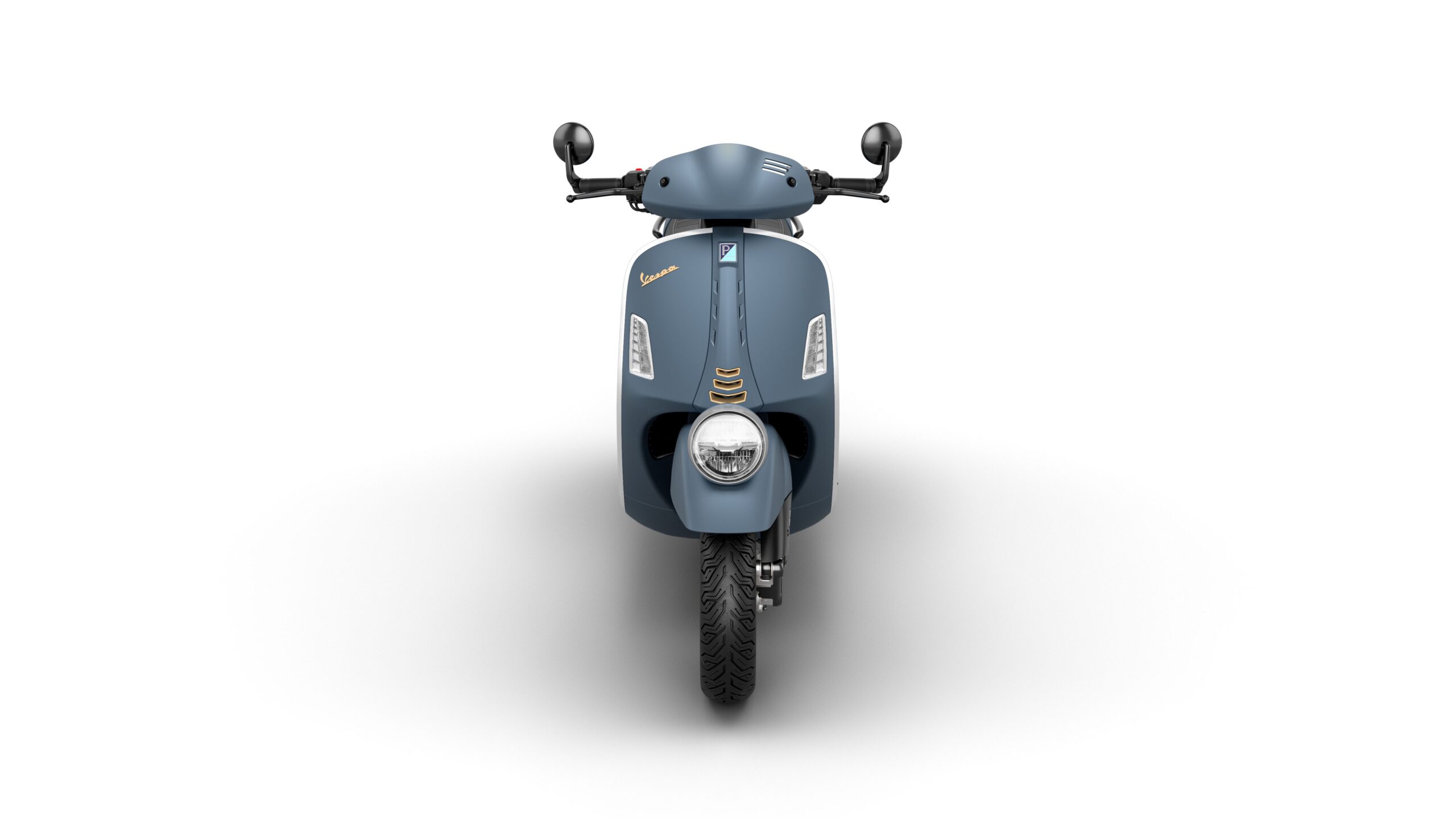 Vespa GTV 125 MY26 Officina Front A front view of a blue vintage-style scooter with a rounded design, showcasing the handlebars, headlight, and distinctive branding.