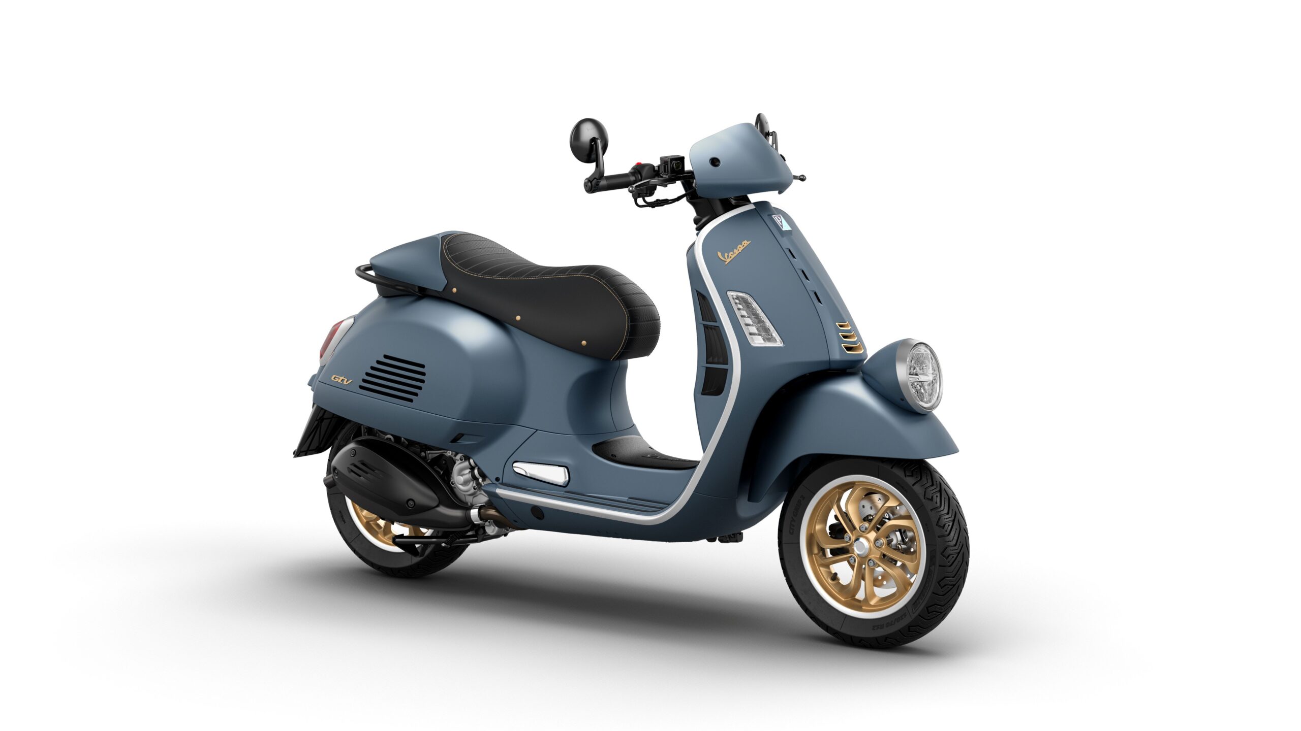 Vespa GTV 125 MY26 Officina Lateral Right A stylish blue scooter with a black seat, featuring gold accents on the wheels and a modern design.