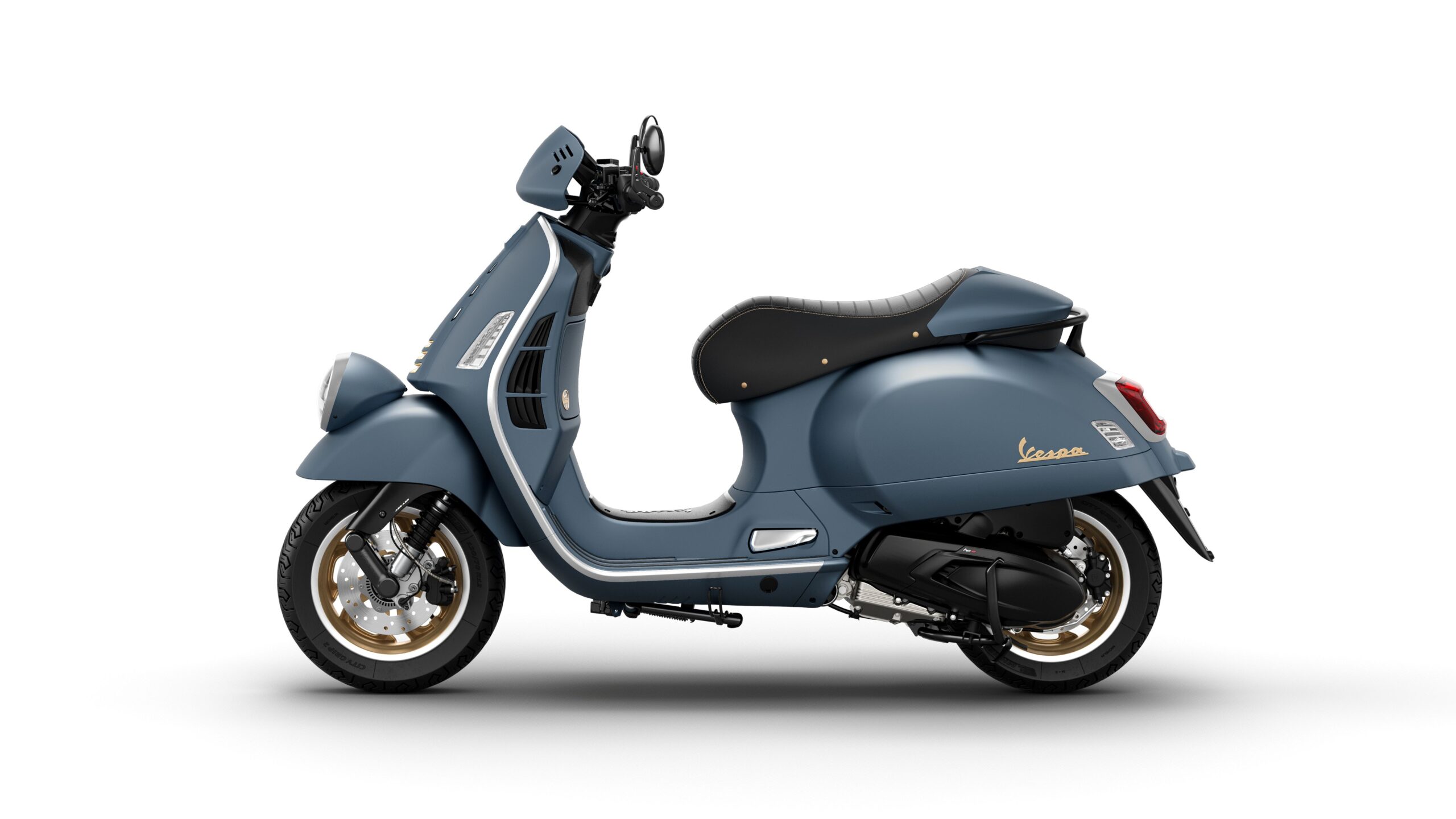Vespa GTV 125 MY26 Officina Left A modern blue Vespa scooter with a sleek design, featuring a black seat, gold accents on the wheels, and a classic handlebar setup, shown from a side view.
