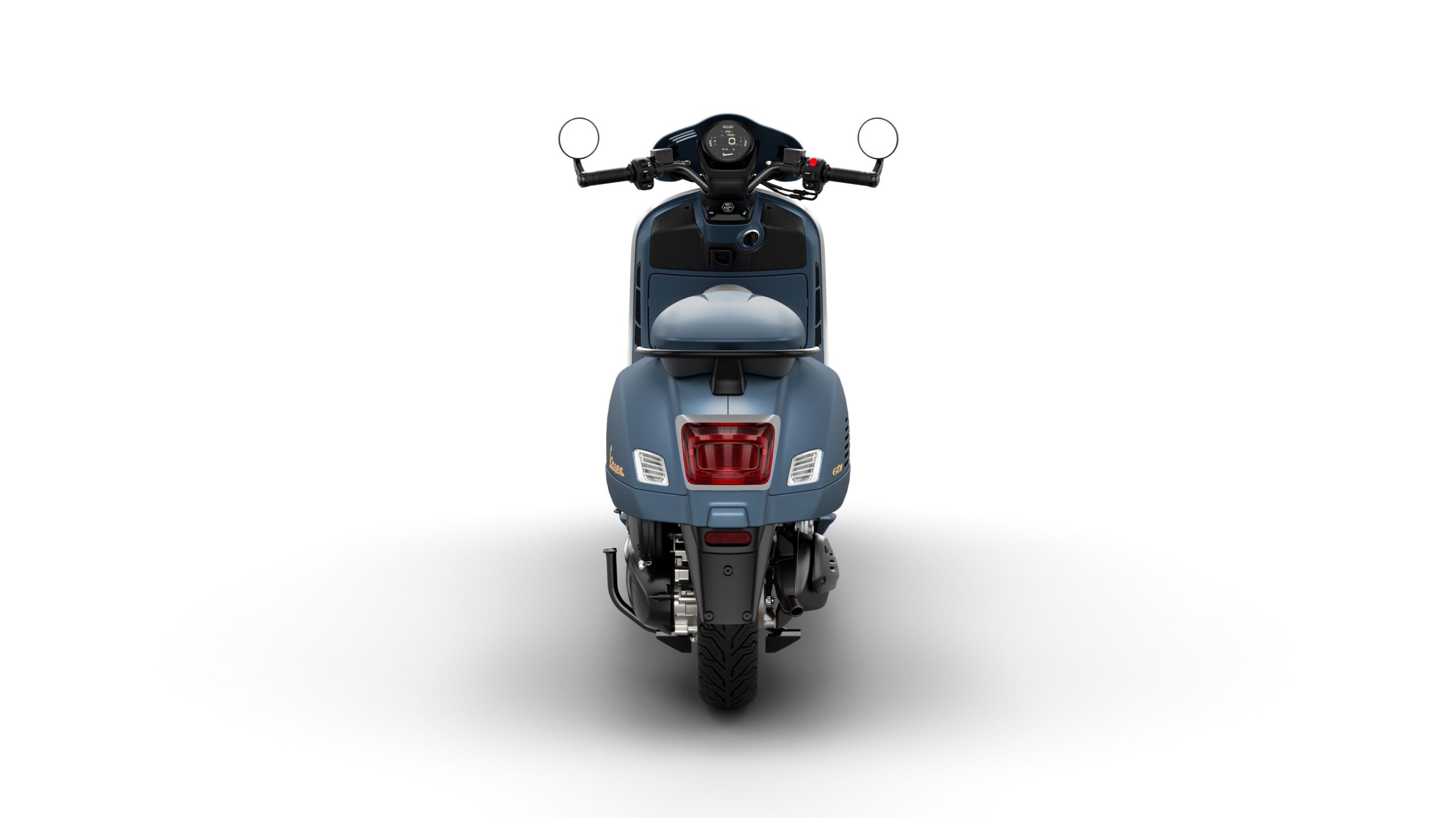 Vespa GTV 125 MY26 Officina Rear A blue scooter viewed from the rear, showcasing its sleek design, round mirrors, and distinctive taillight. The background is plain white, emphasizing the scooter's features.
